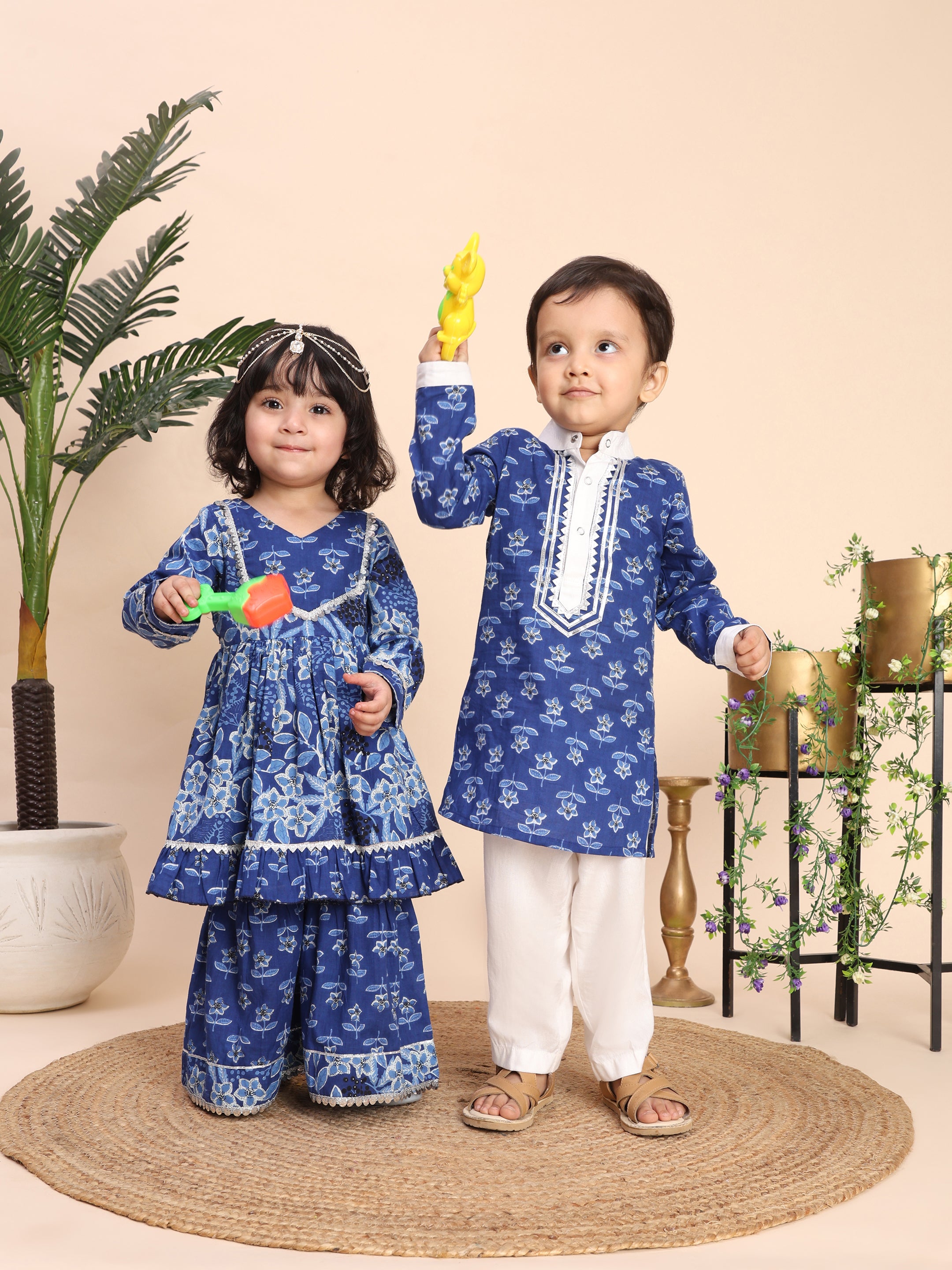 Blue Floral Sharara and kurta sibling set-T-BlufloralSet