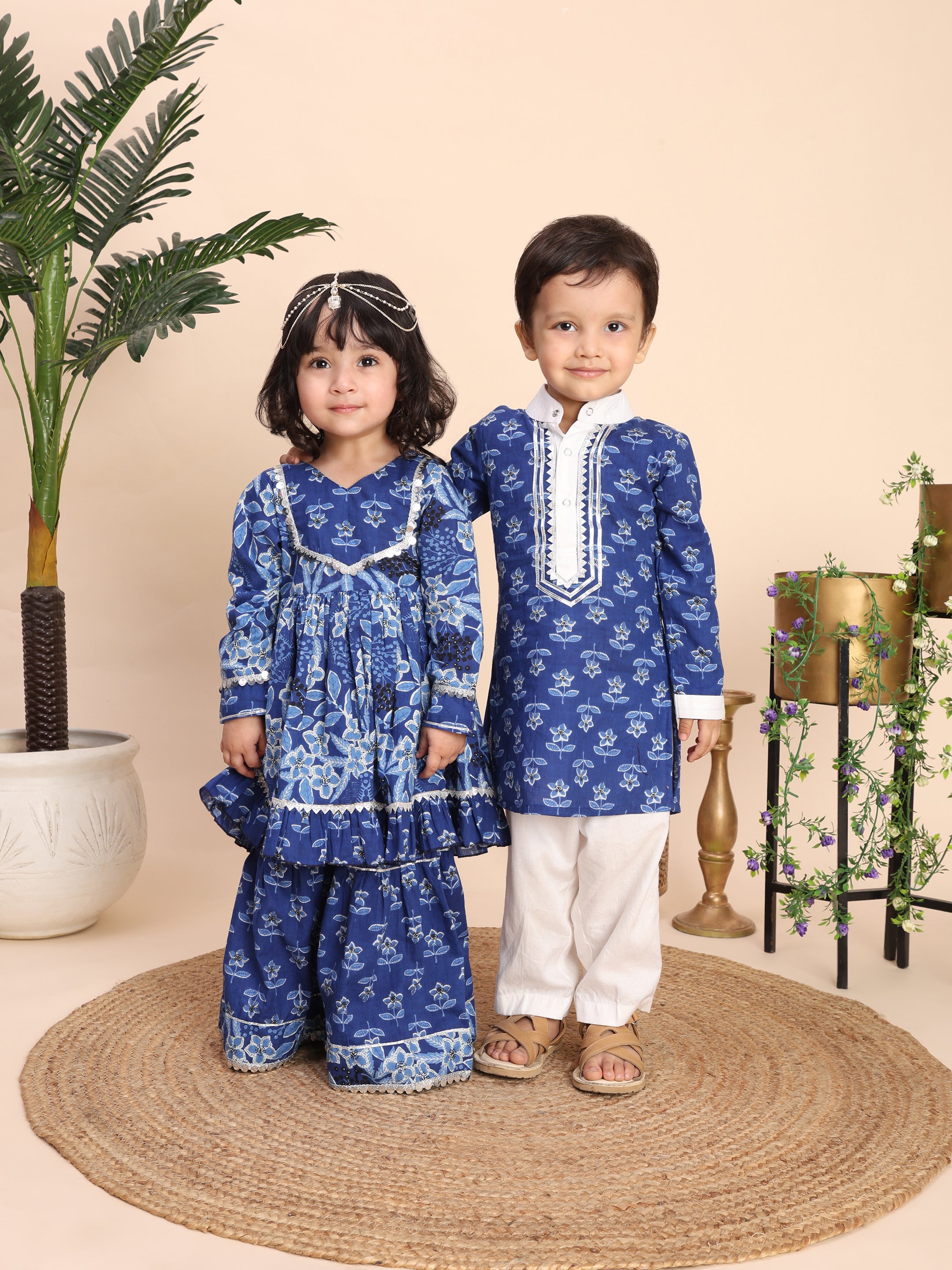 cotton kurti and sharara sibling set -pink and blue