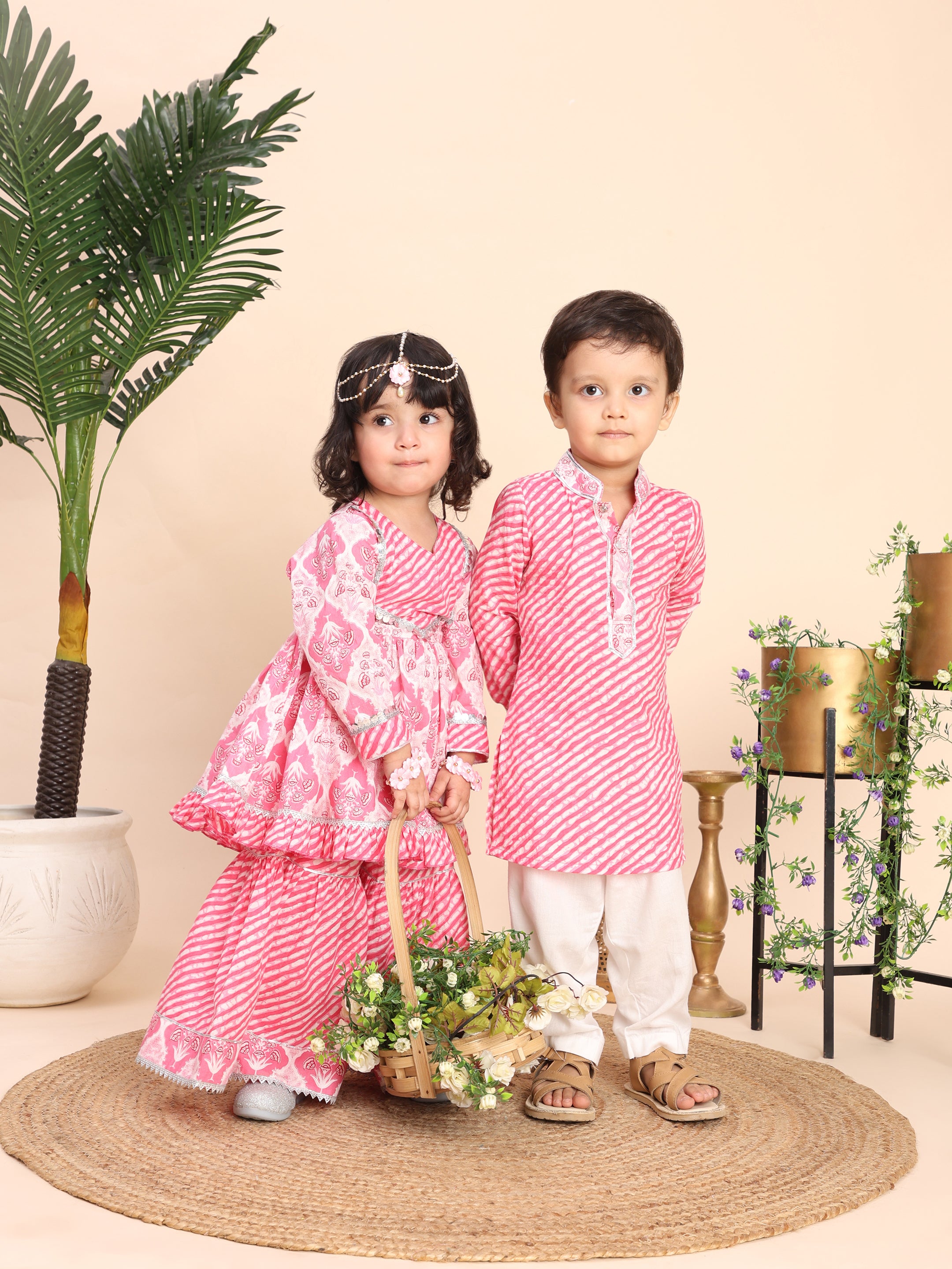 cotton kurti and sharara sibling set -pink and blue