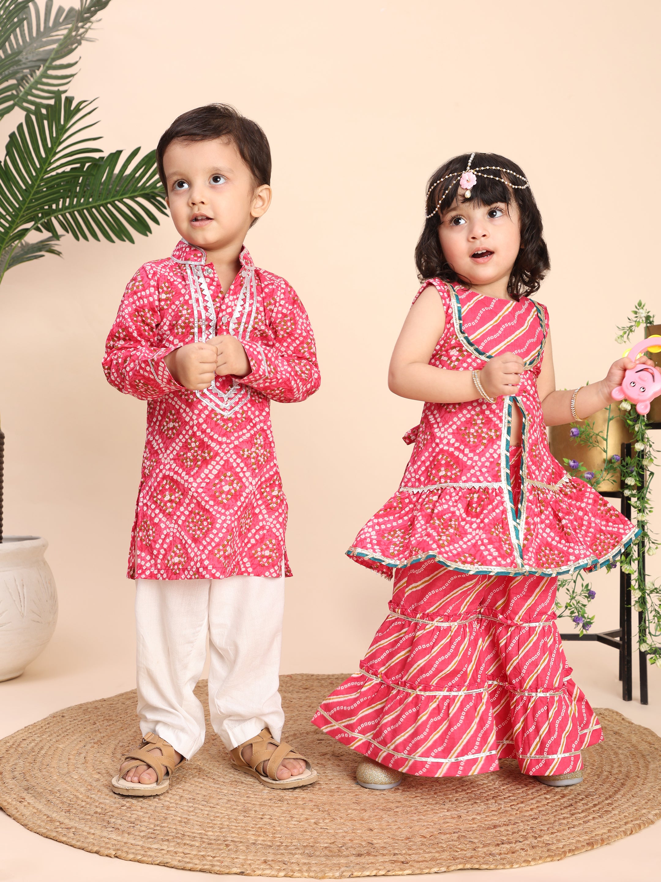 Cotton Kurti with sharara sibling set -Pink
