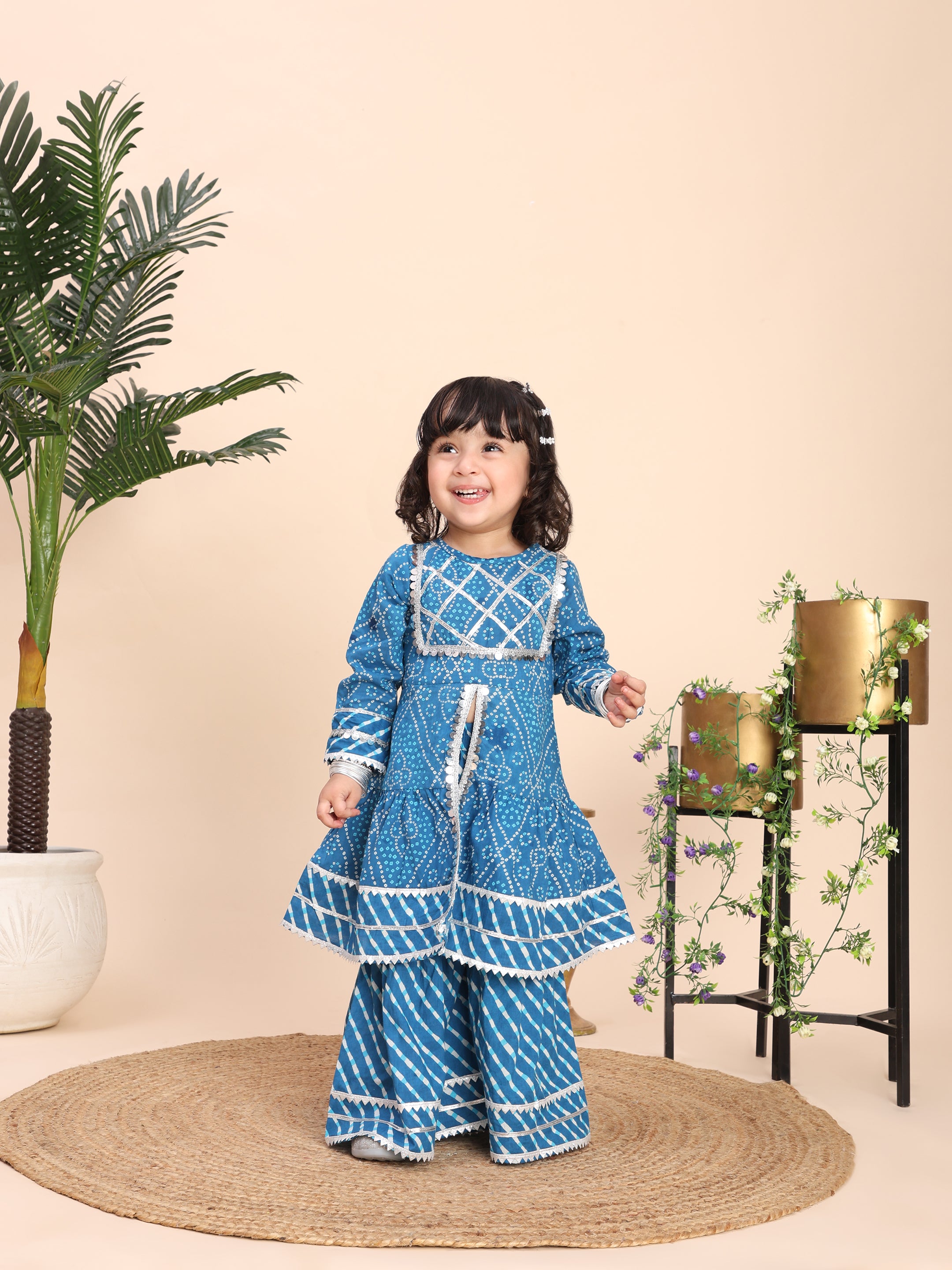 Cotton leheriya print kurti with sharara -Blue