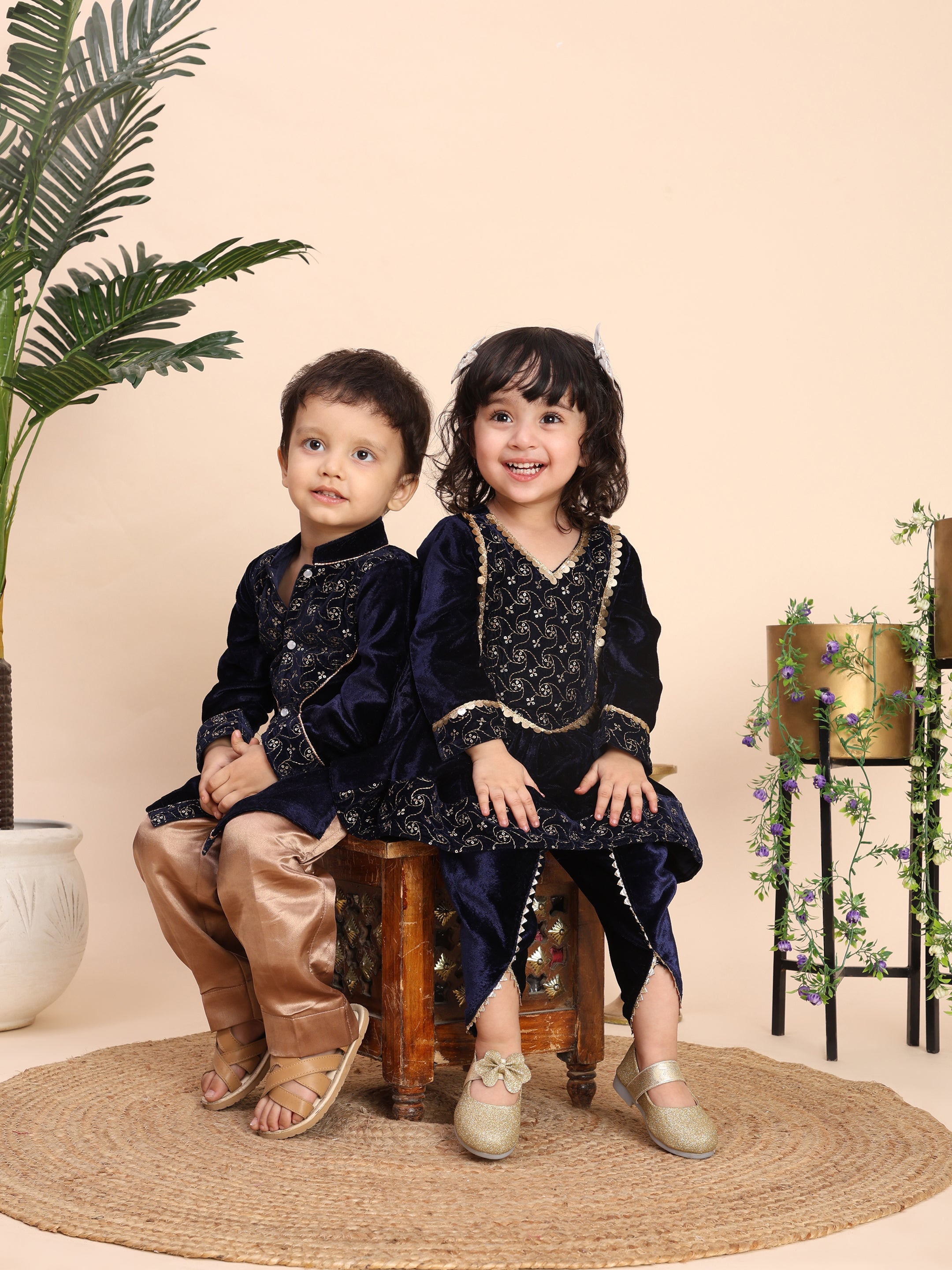 Embelished navy blue velvet kurta with satin pant-T-BK2