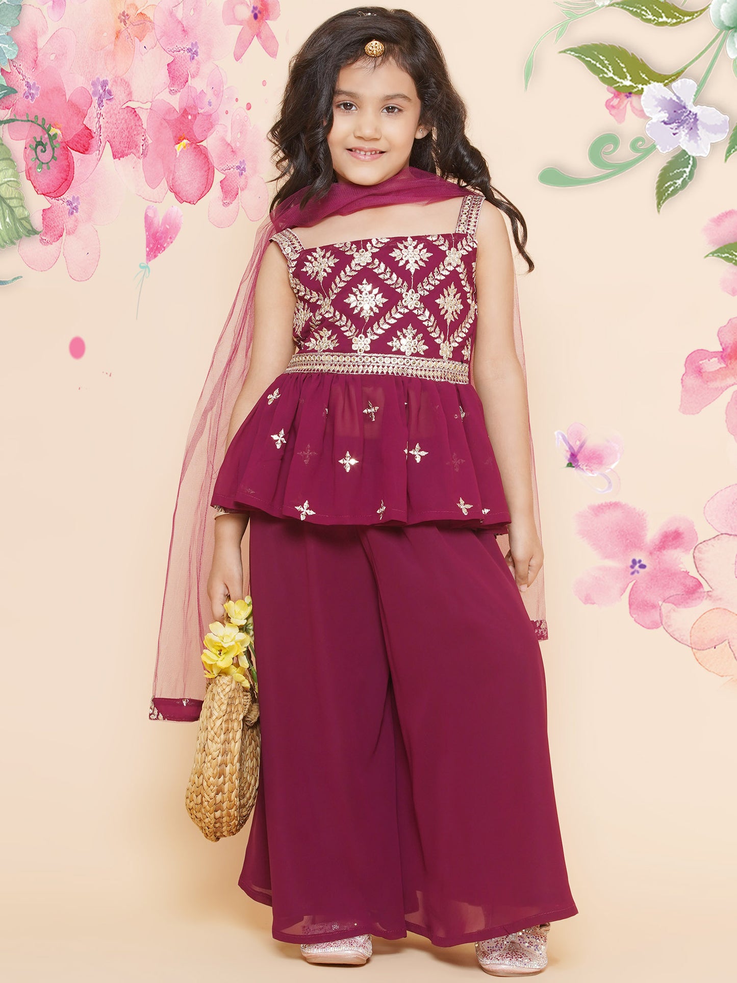 Embroidered peplum top with palazzo and dupatta-Wine