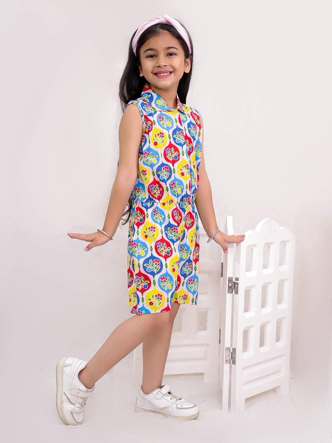 Floral Print Cotton front buttoned knee length jumpsuit -T-JSFLORAL