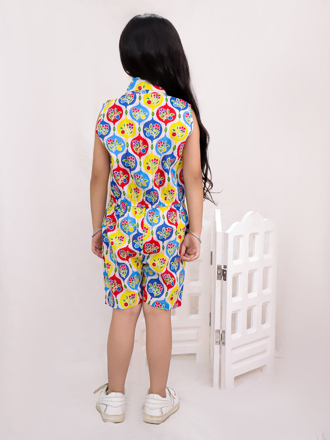 Floral Print Cotton front buttoned knee length jumpsuit -T-JSFLORAL