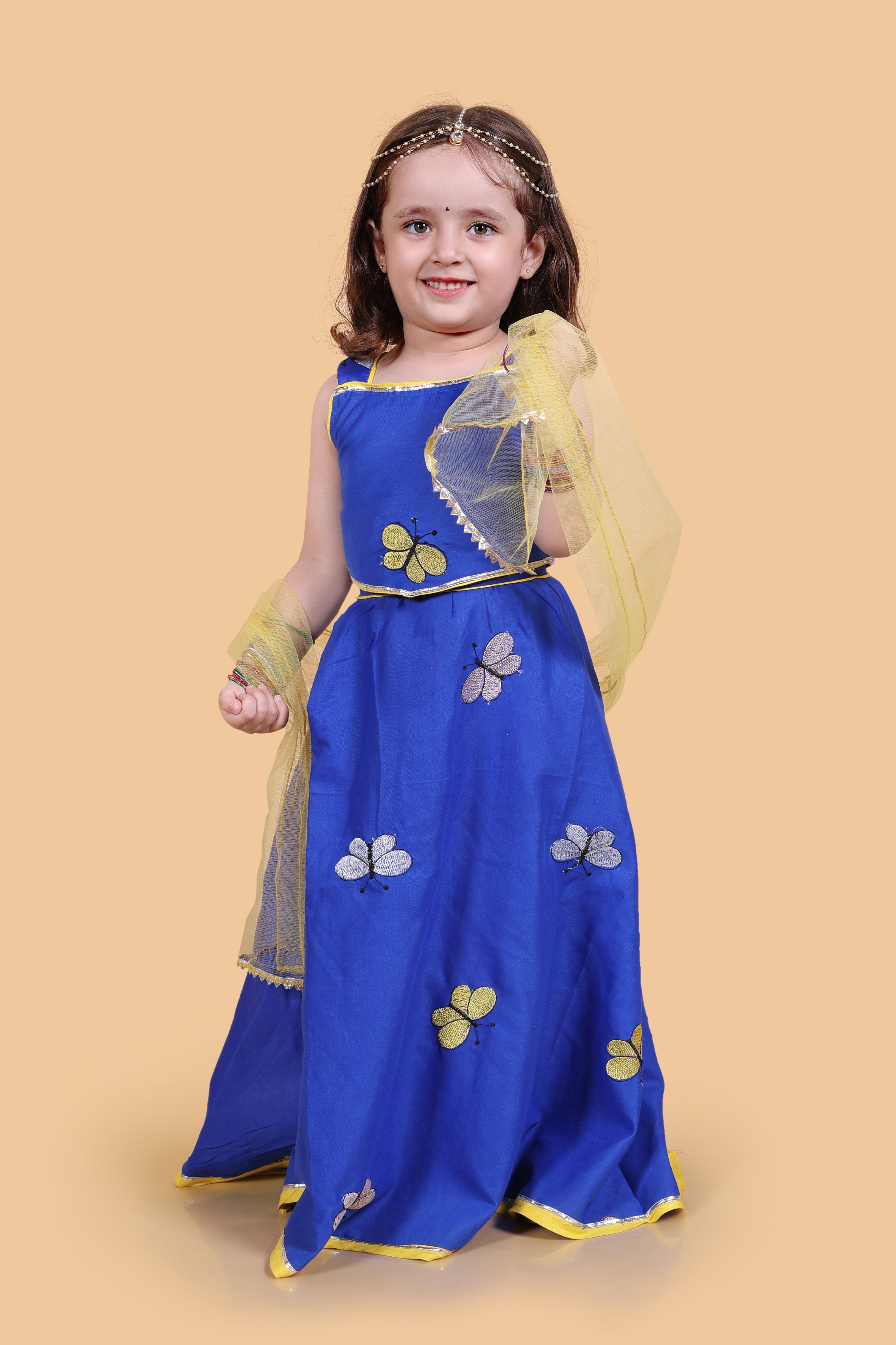 Butterfly embroidered cotton lehenga set-Blue