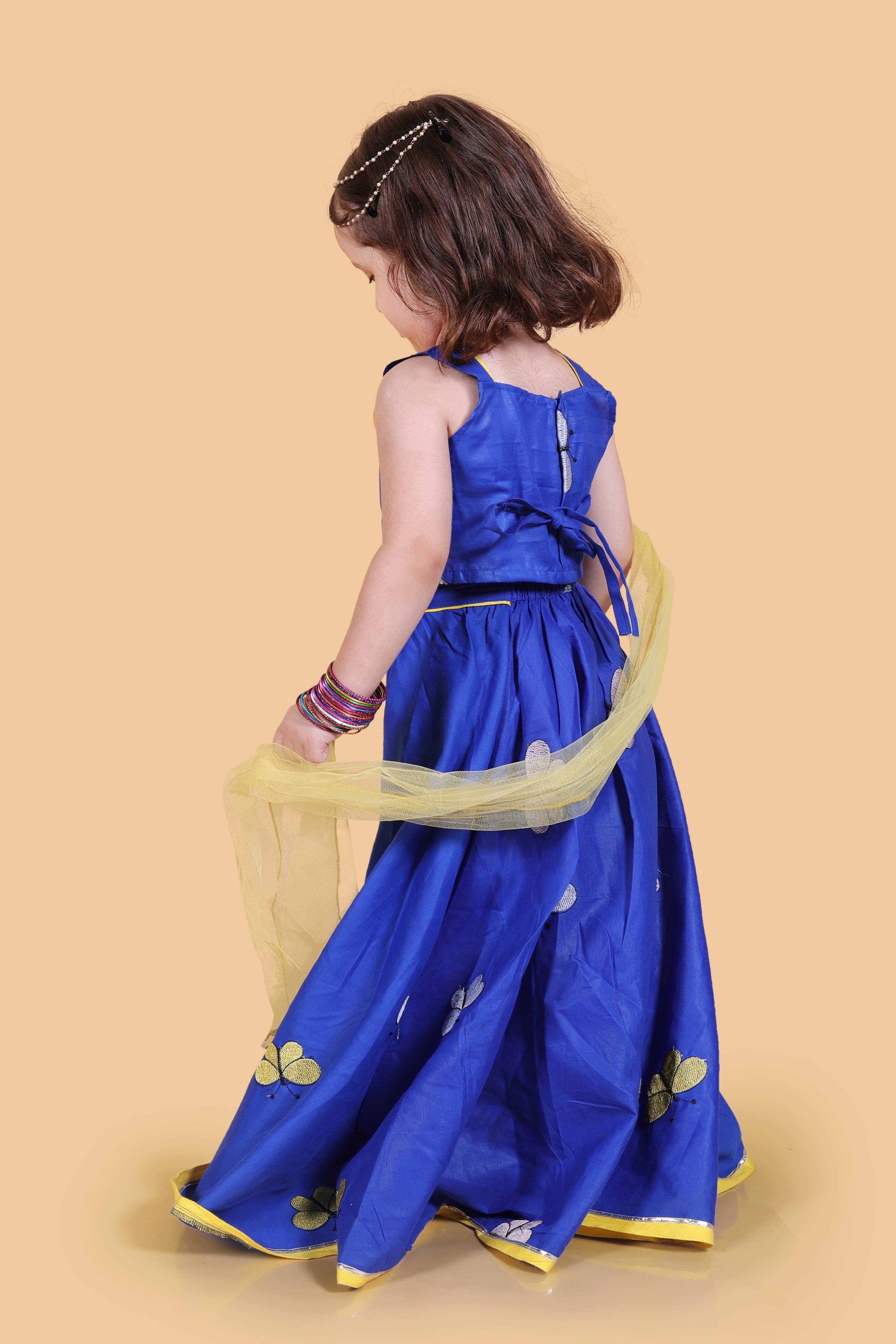 Butterfly embroidered cotton lehenga set-Blue