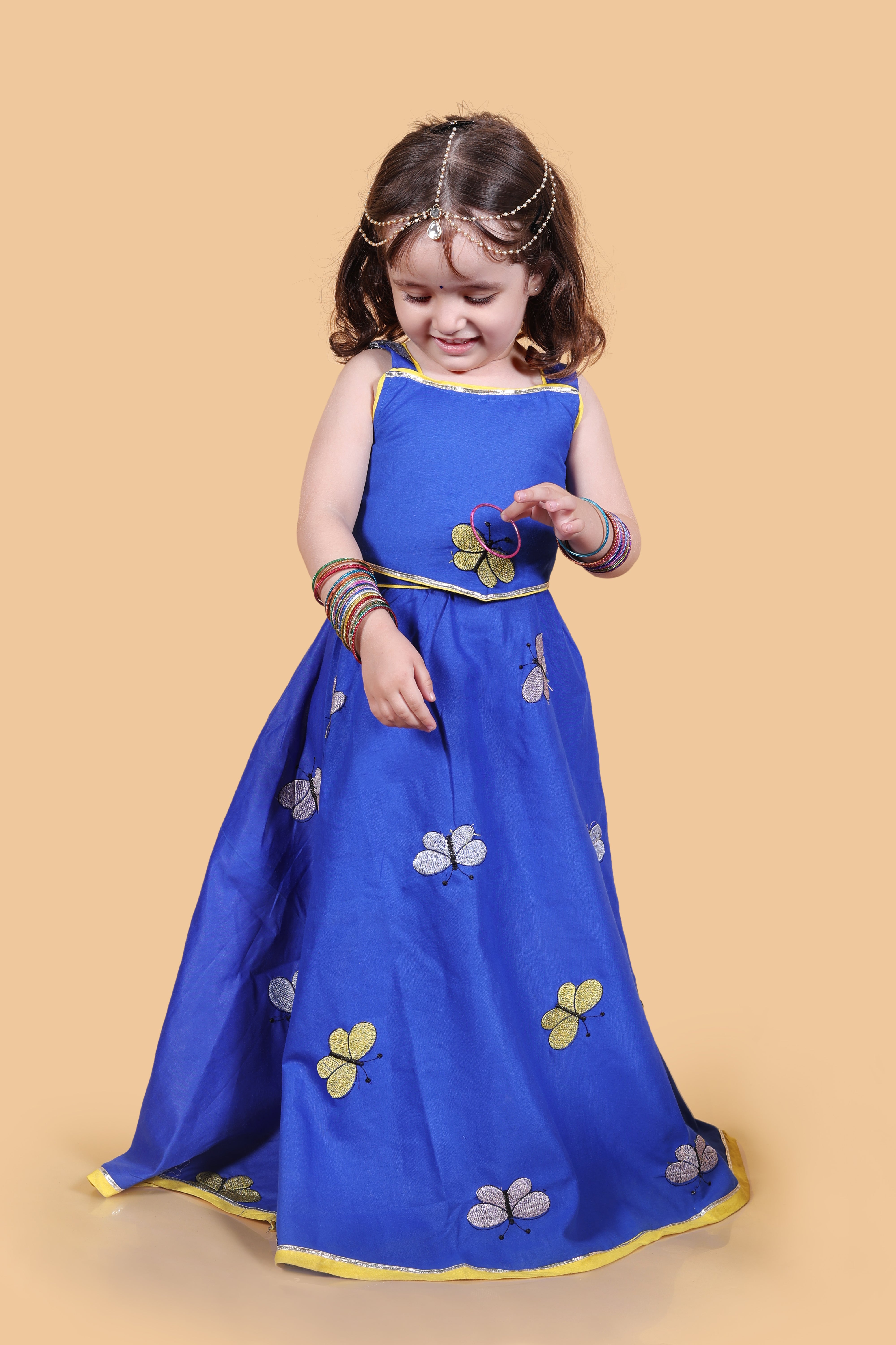 Butterfly embroidered cotton lehenga set-Blue