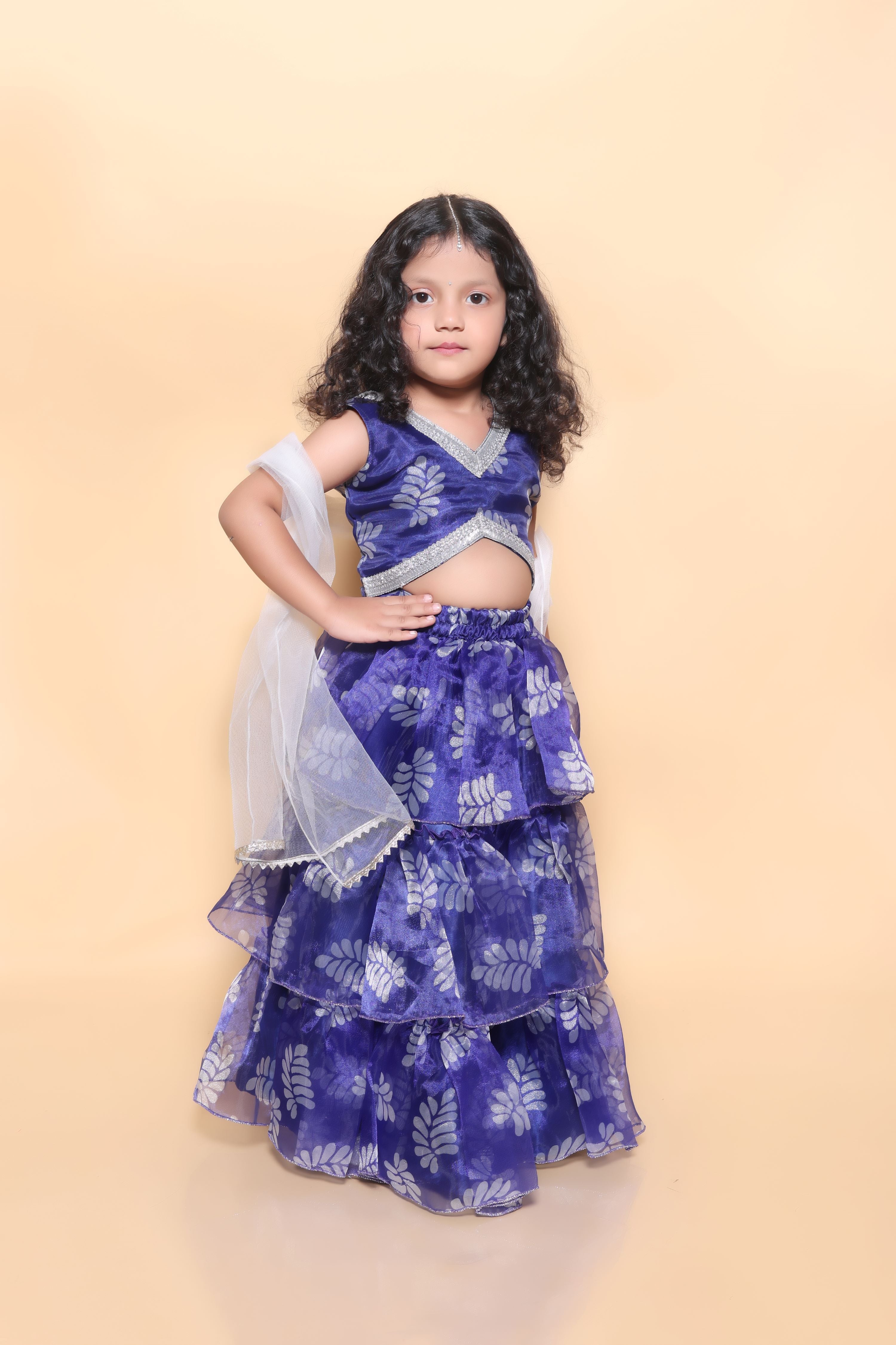 Sleeveless organza layered lehenga set -Blue