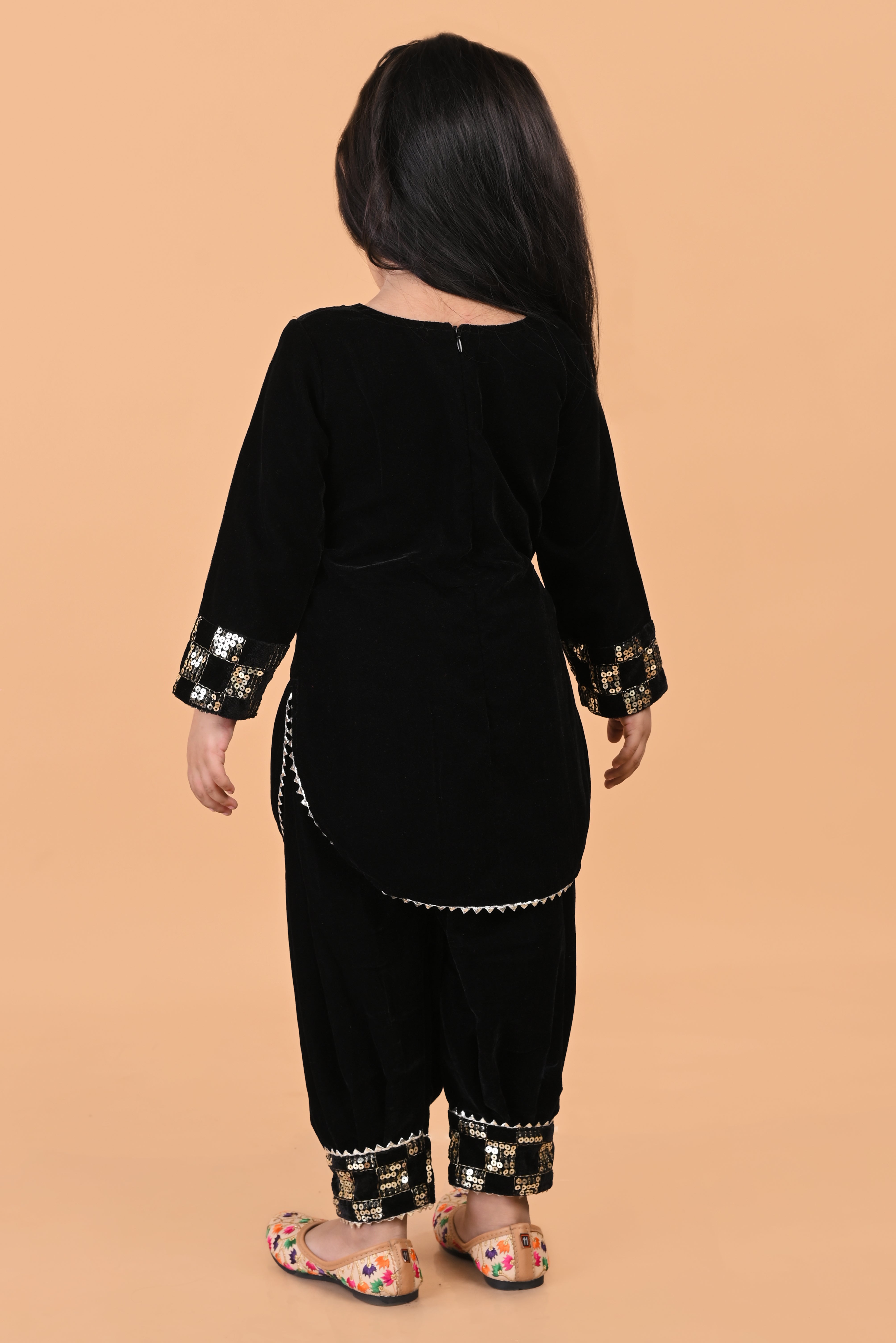 Full Sleeves velvet kurti with afghani salwar -Black