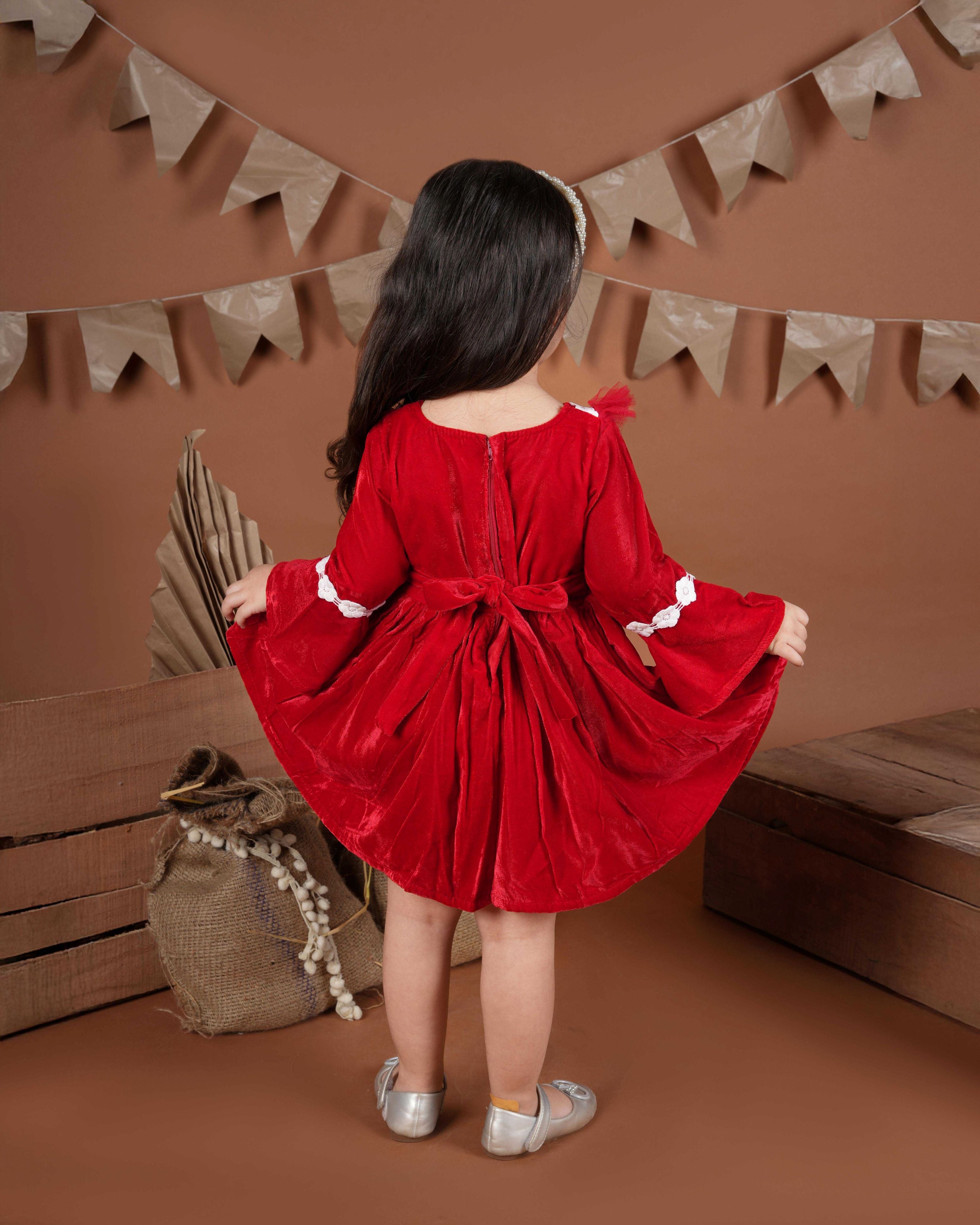 Red velvet V neck lace embelished frock