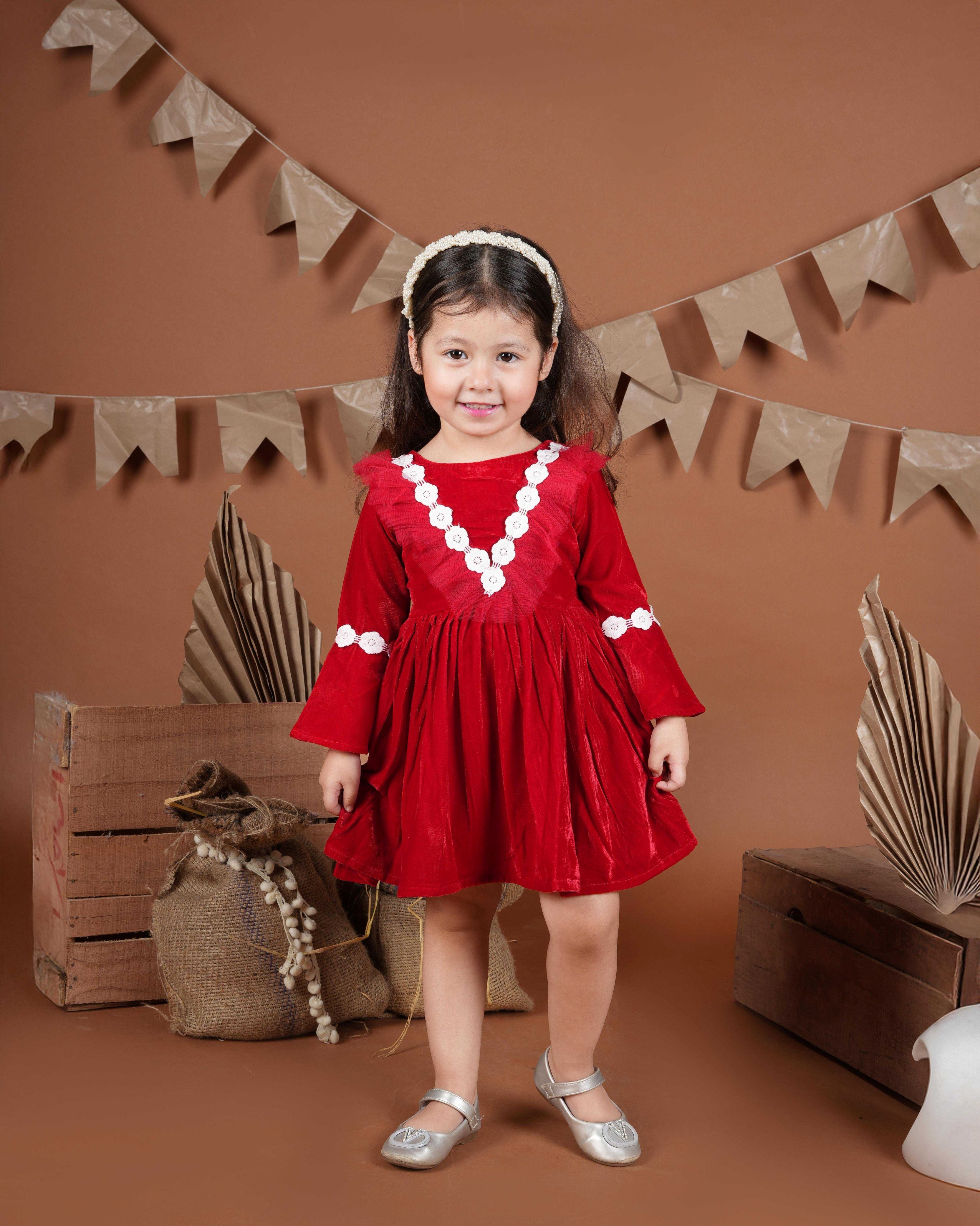 Red velvet V neck lace embelished frock