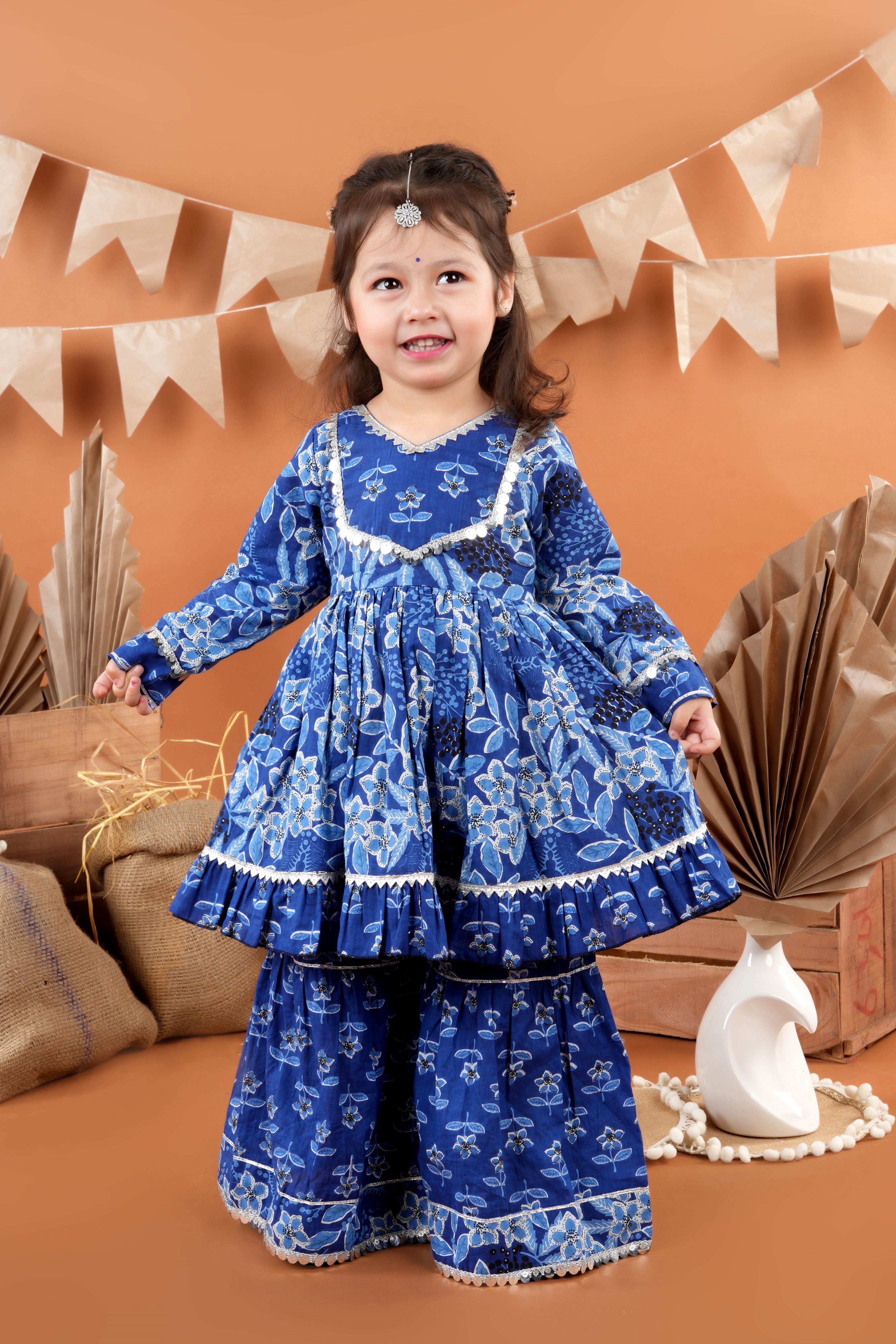 Cotton Blue floral sharara set -Blue