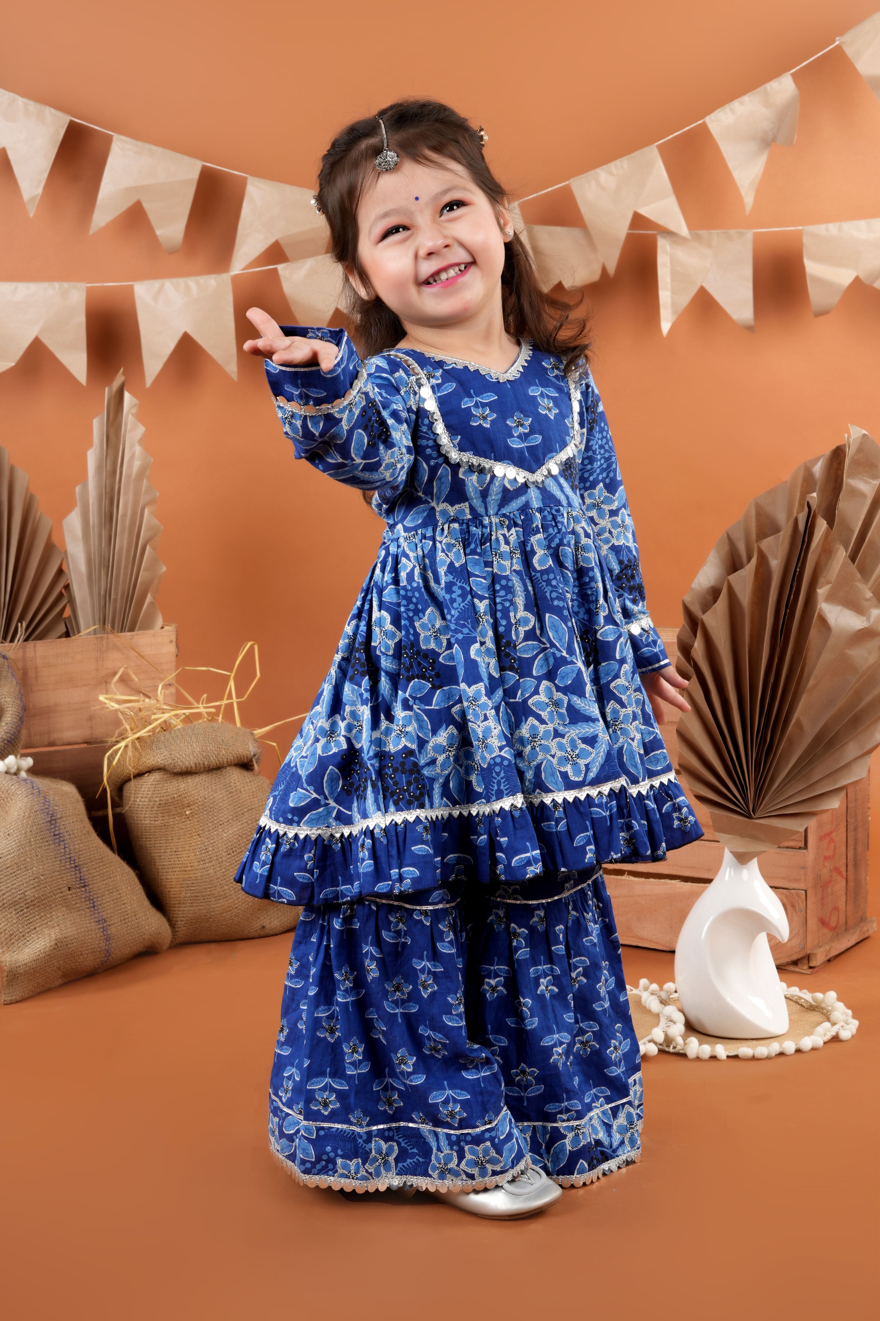 cotton kurti and sharara sibling set -pink and blue
