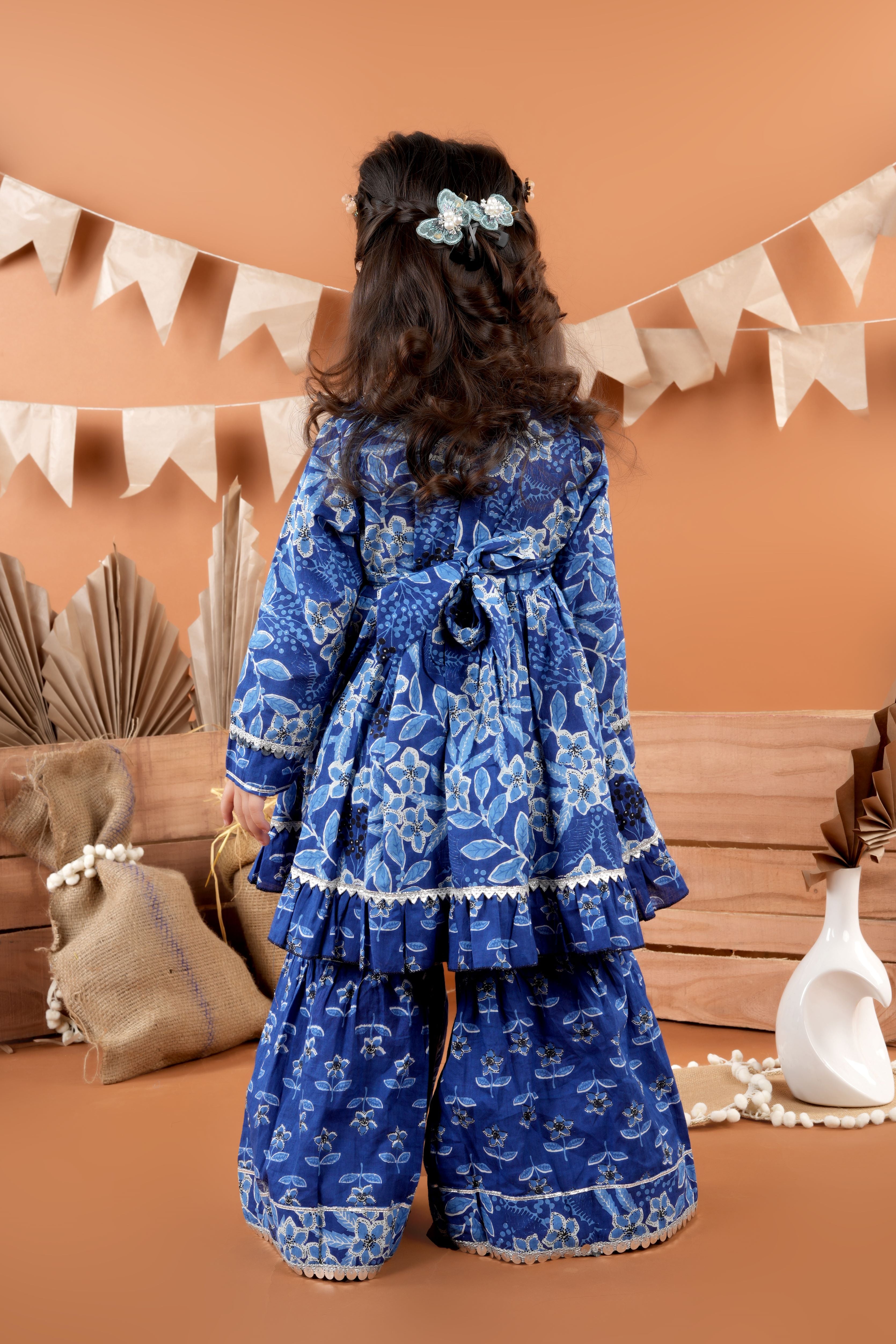 cotton kurti and sharara sibling set -pink and blue