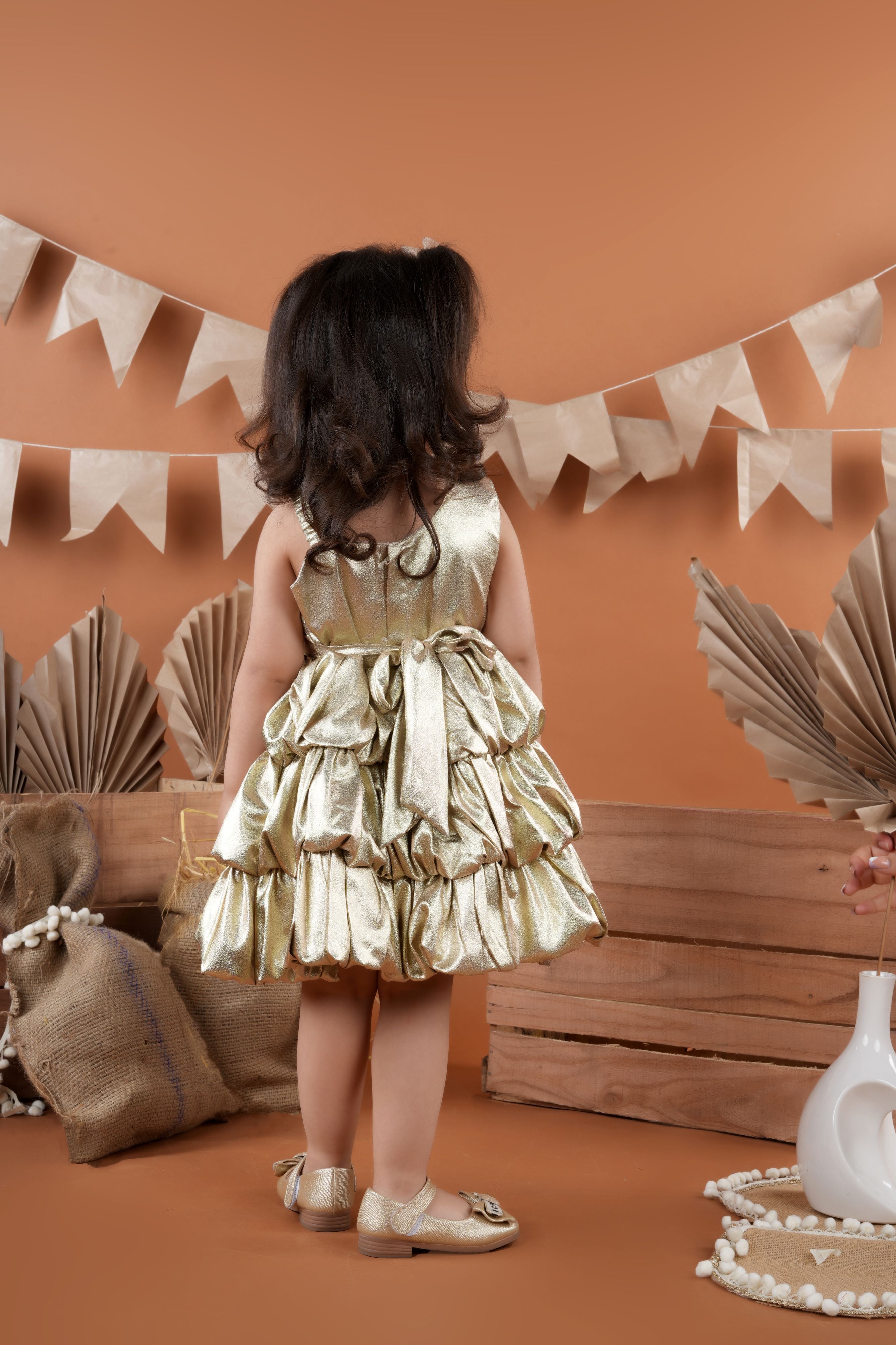 Balloon shaped comfortable party frock-Gold