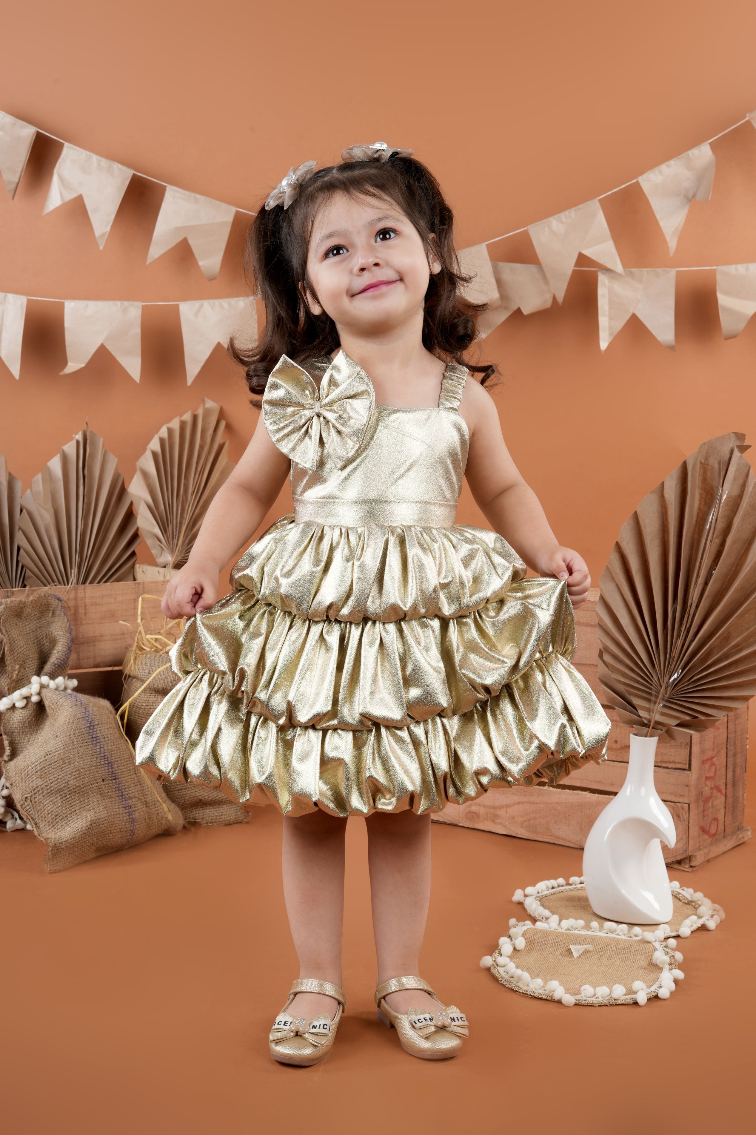 Balloon shaped comfortable party frock-Gold