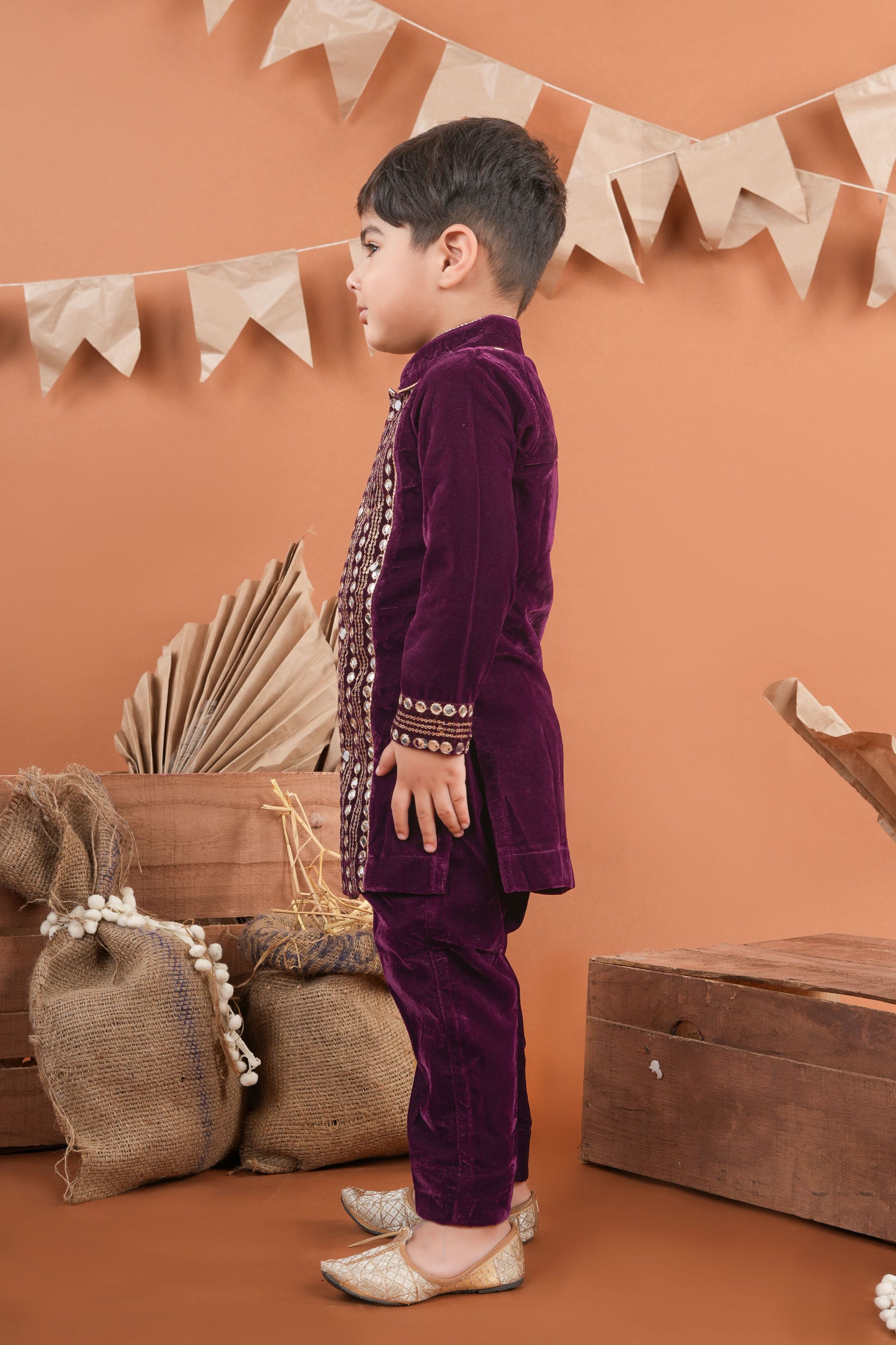 Embellished velvet kurta and pant for boys -T-BK1