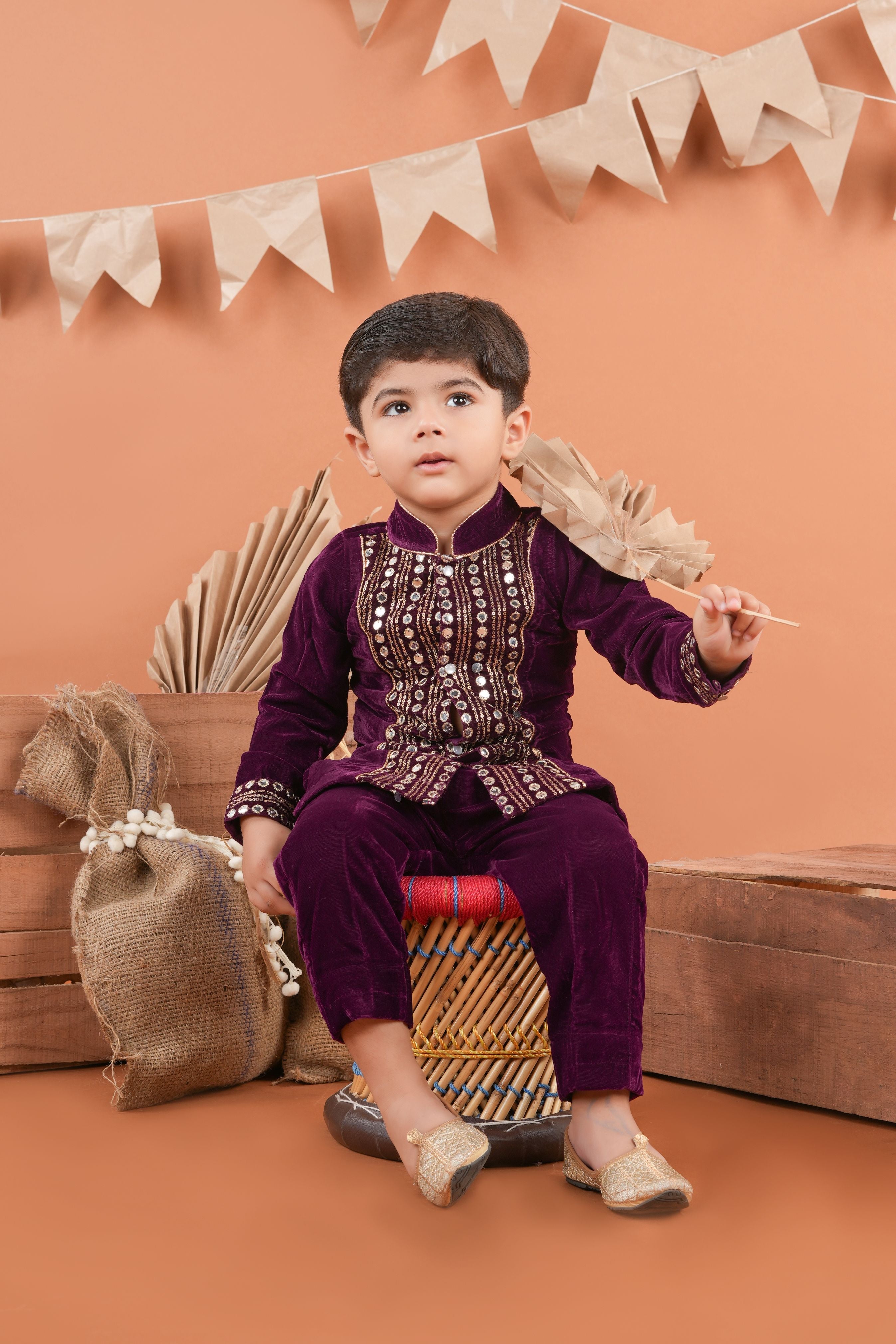 Embellished velvet kurta and pant for boys -T-BK1