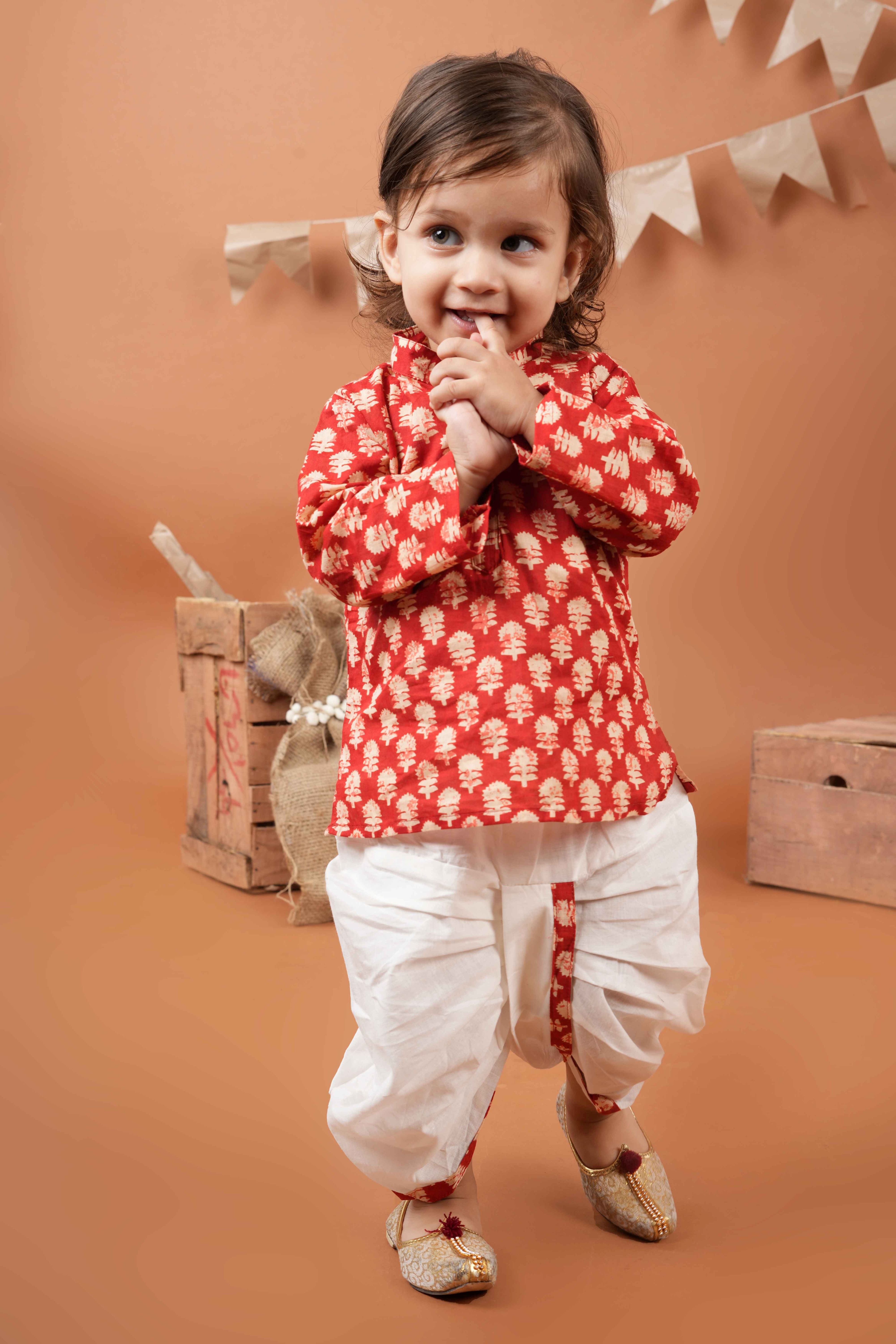 Cotton printed girls Sharara and boy's dhoti sibling set -T-Redkurti