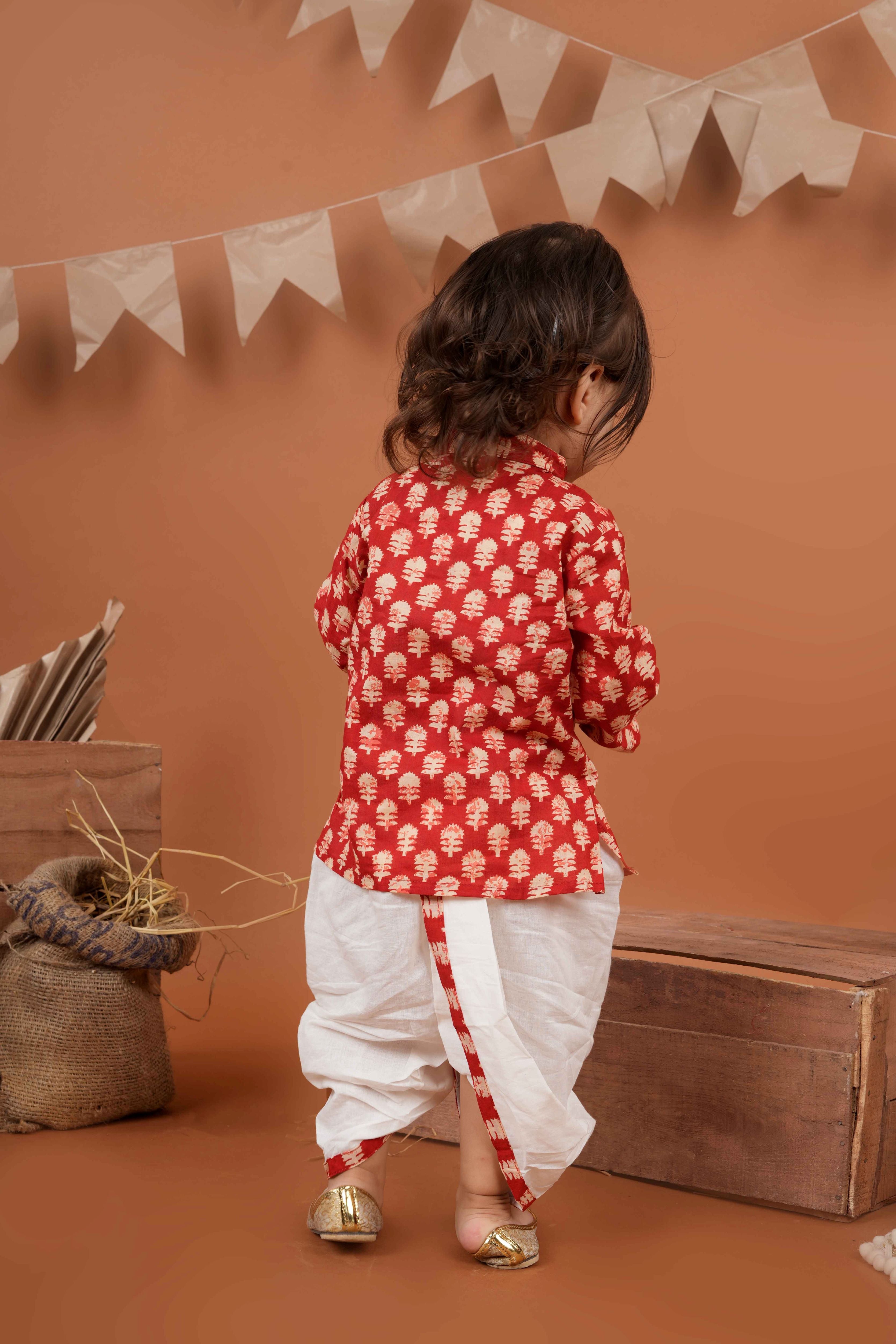 Printed red cotton kurta with dhoti for boys-T-Redbootykurta