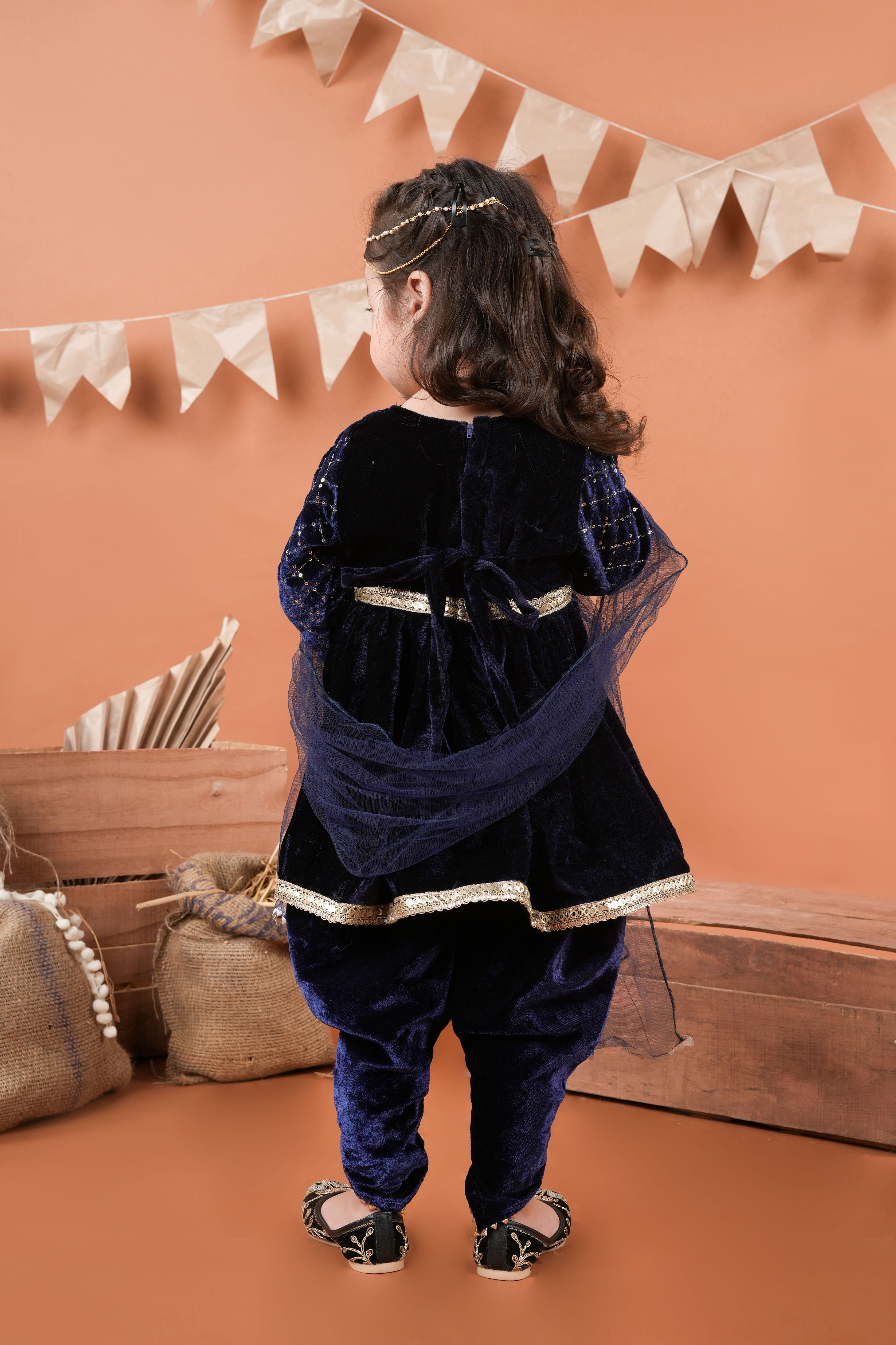 Full sleeves navy velvet top with dhoti -Nabyblue