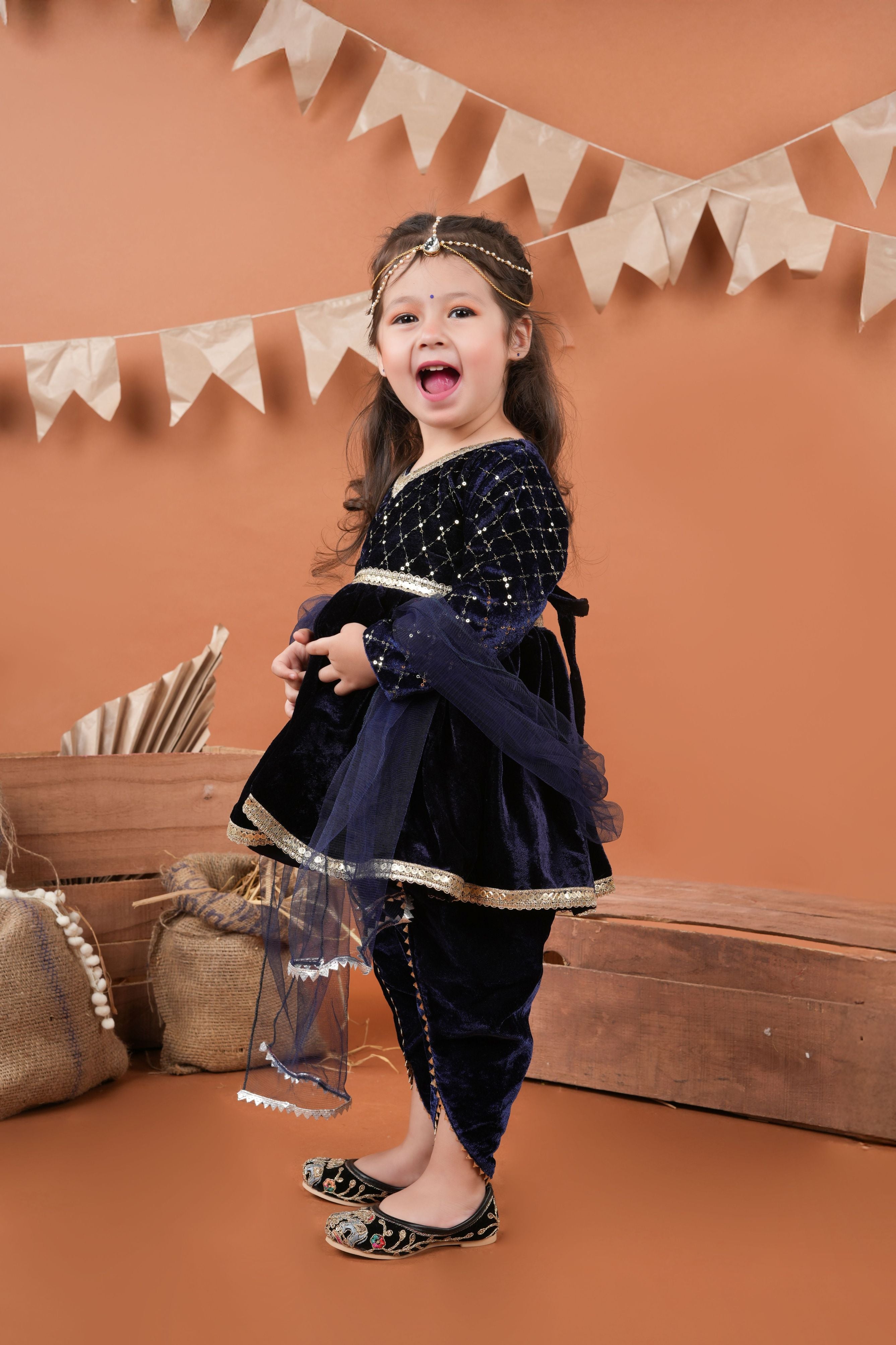 Full sleeves navy velvet top with dhoti -Nabyblue