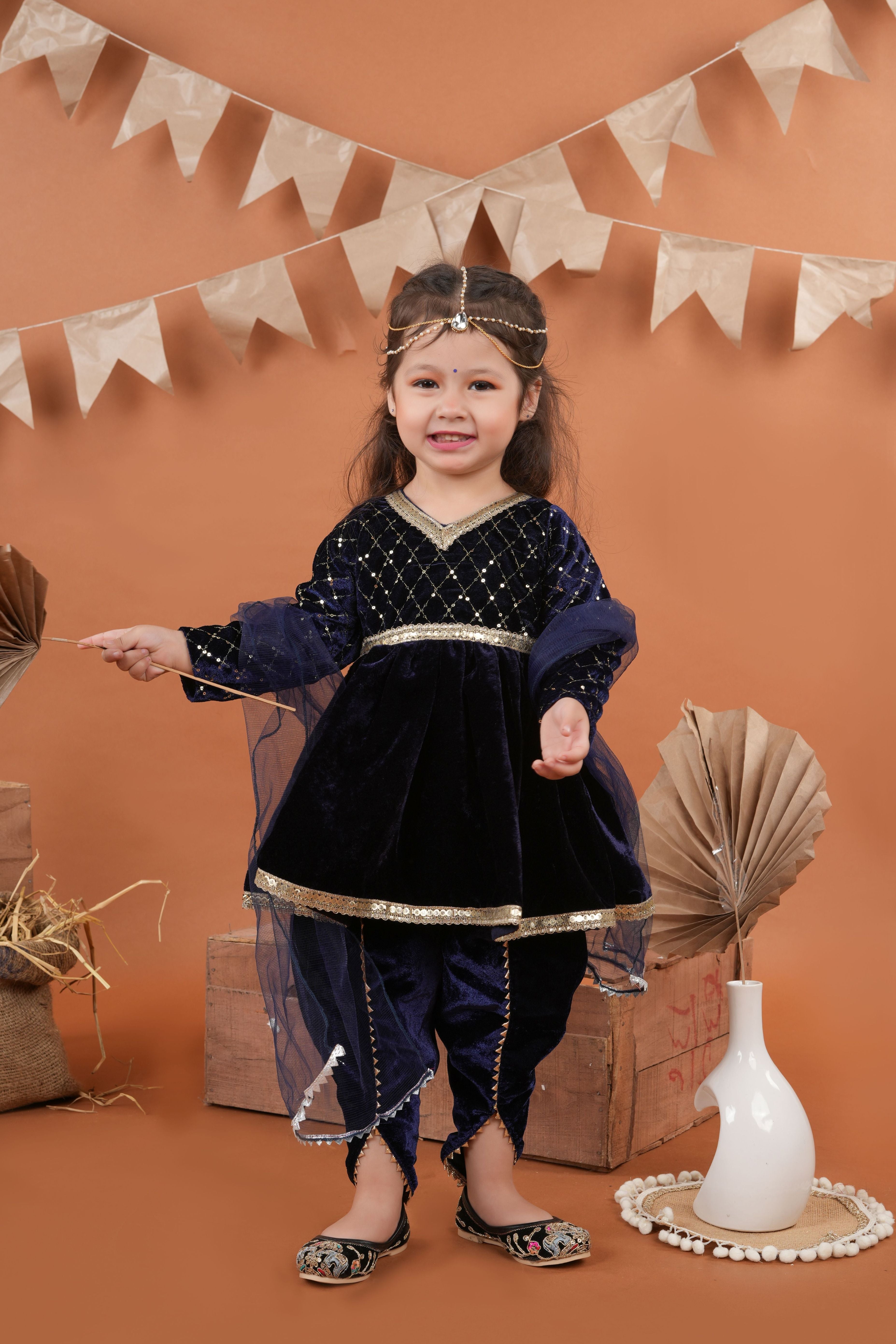 Full sleeves navy velvet top with dhoti -Nabyblue