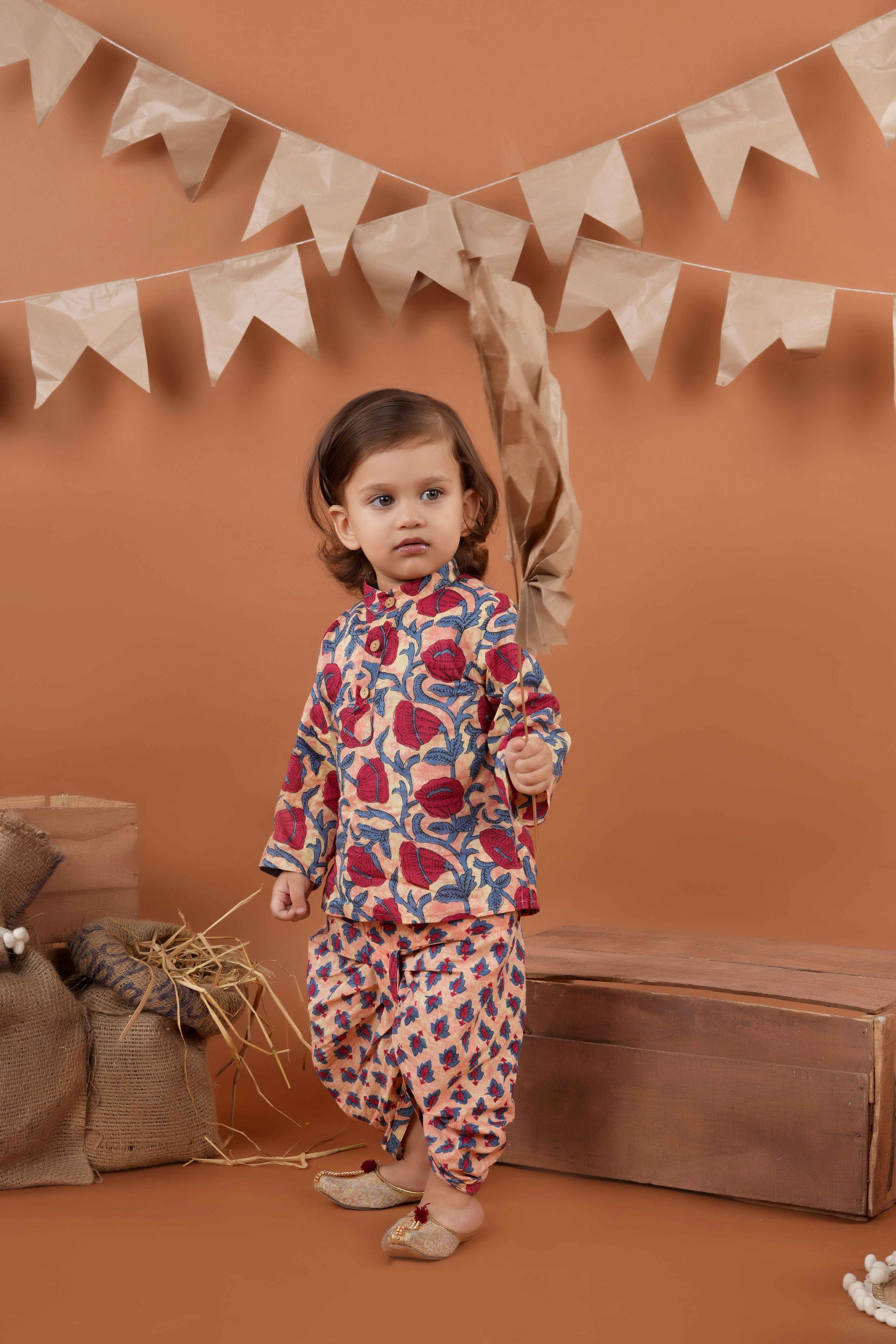 Printed cotton kurta and dhoti set for boys-T-Printkurta