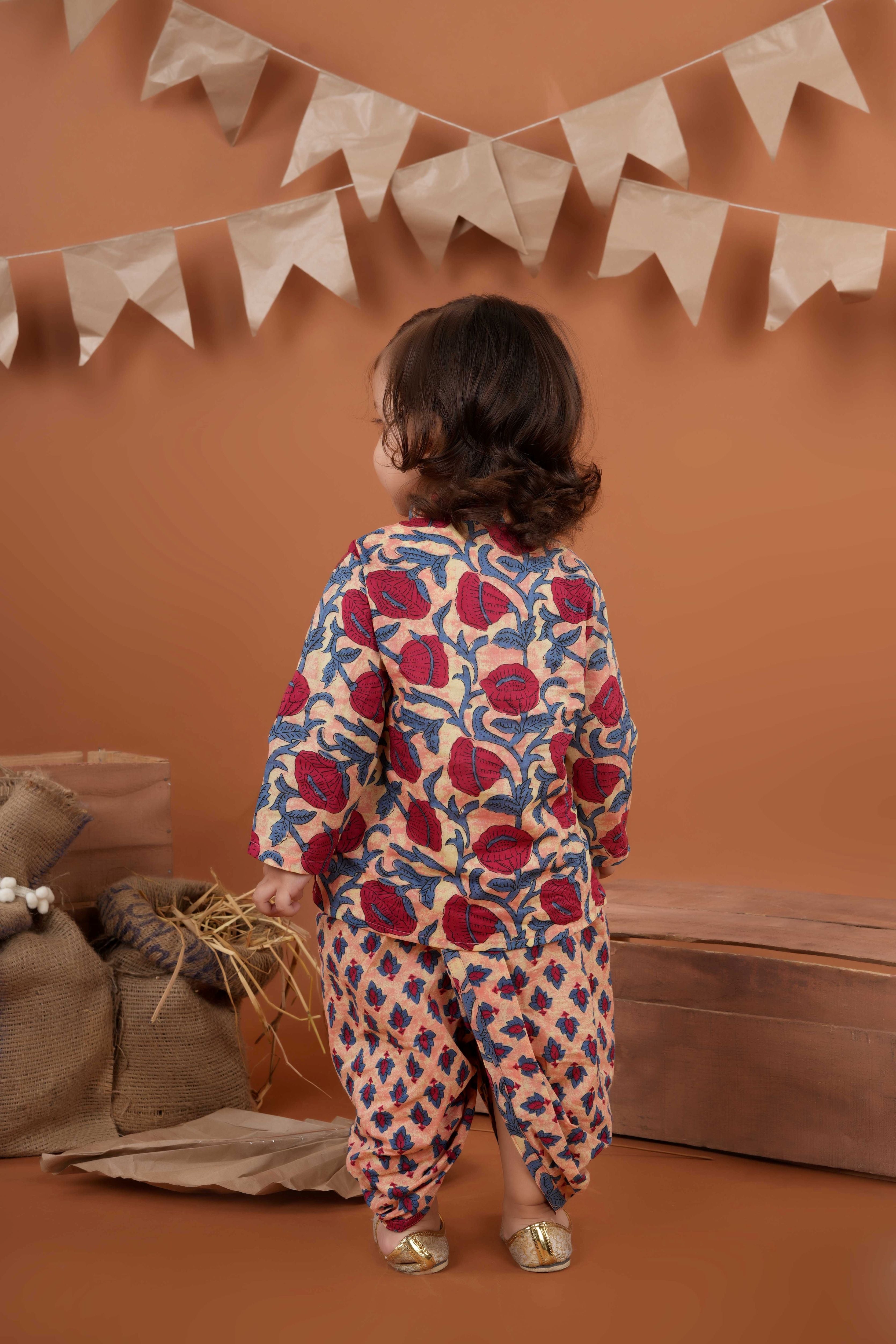 Printed cotton kurta and dhoti set for boys-T-Printkurta