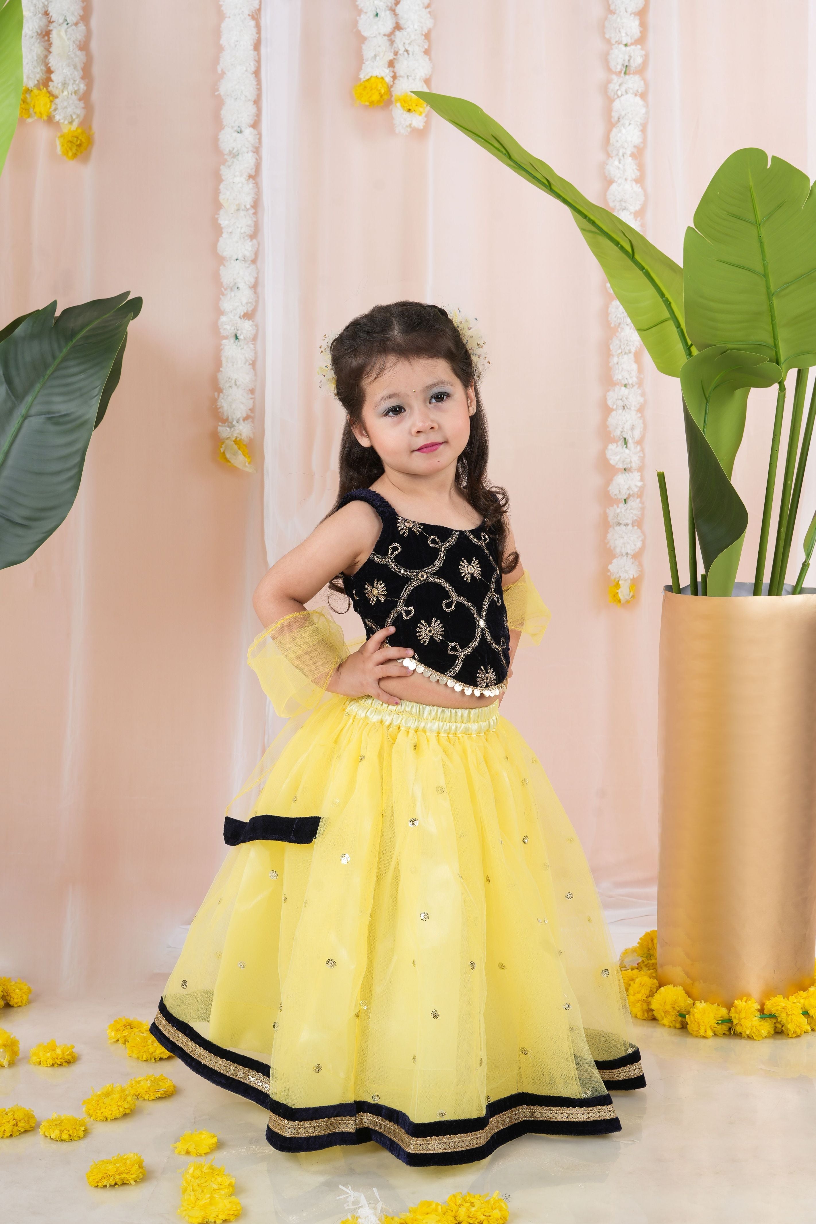 Net embellished lehenga with velvet choli -T-Navybbotyleh