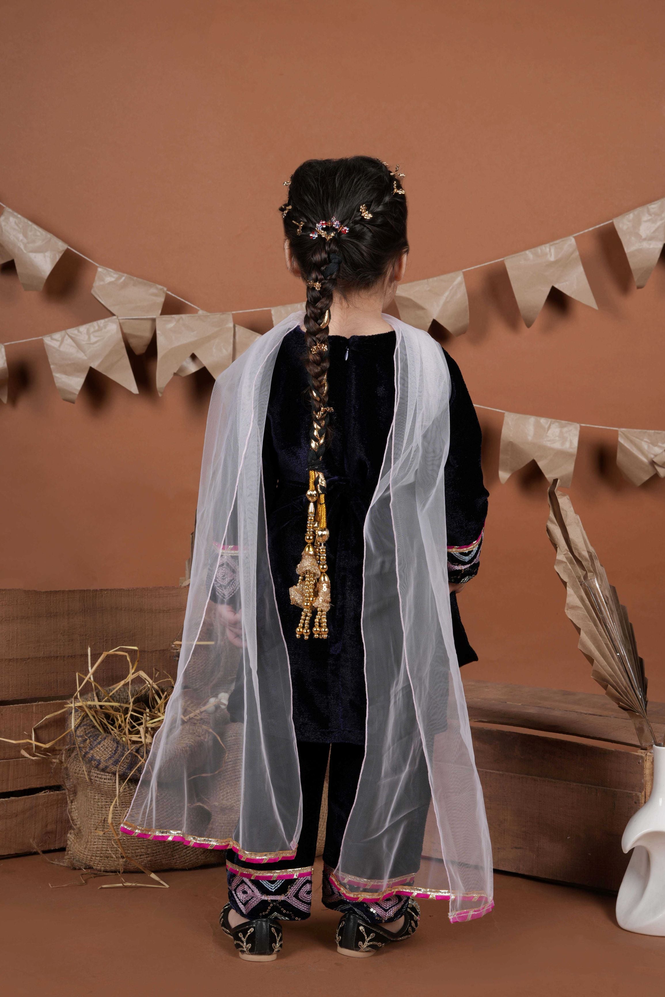 Velvet embroidered kuri with palazzo and dupatta-T-V1