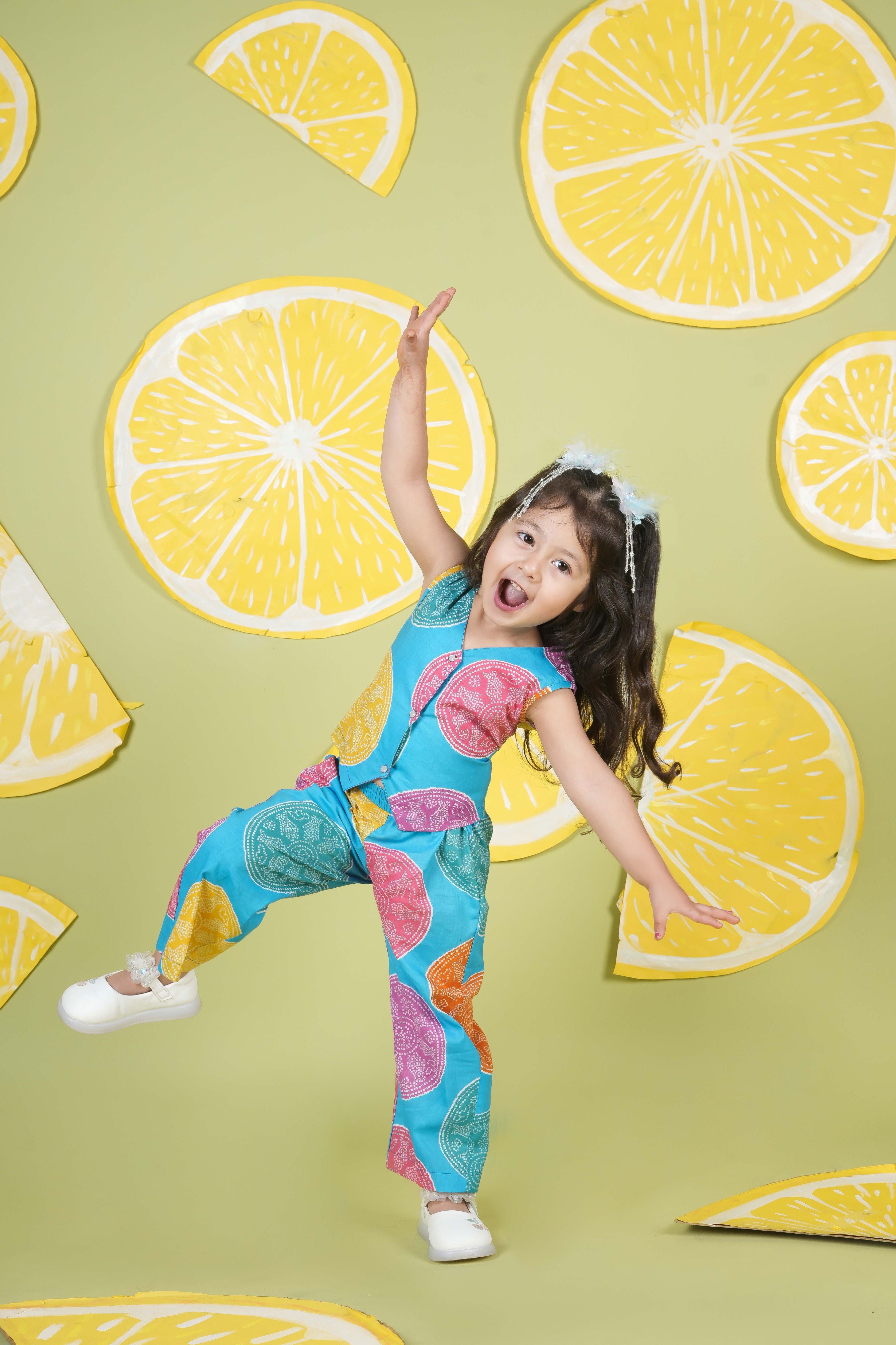 Blue printed co-ordset for girls-T-CDSKY