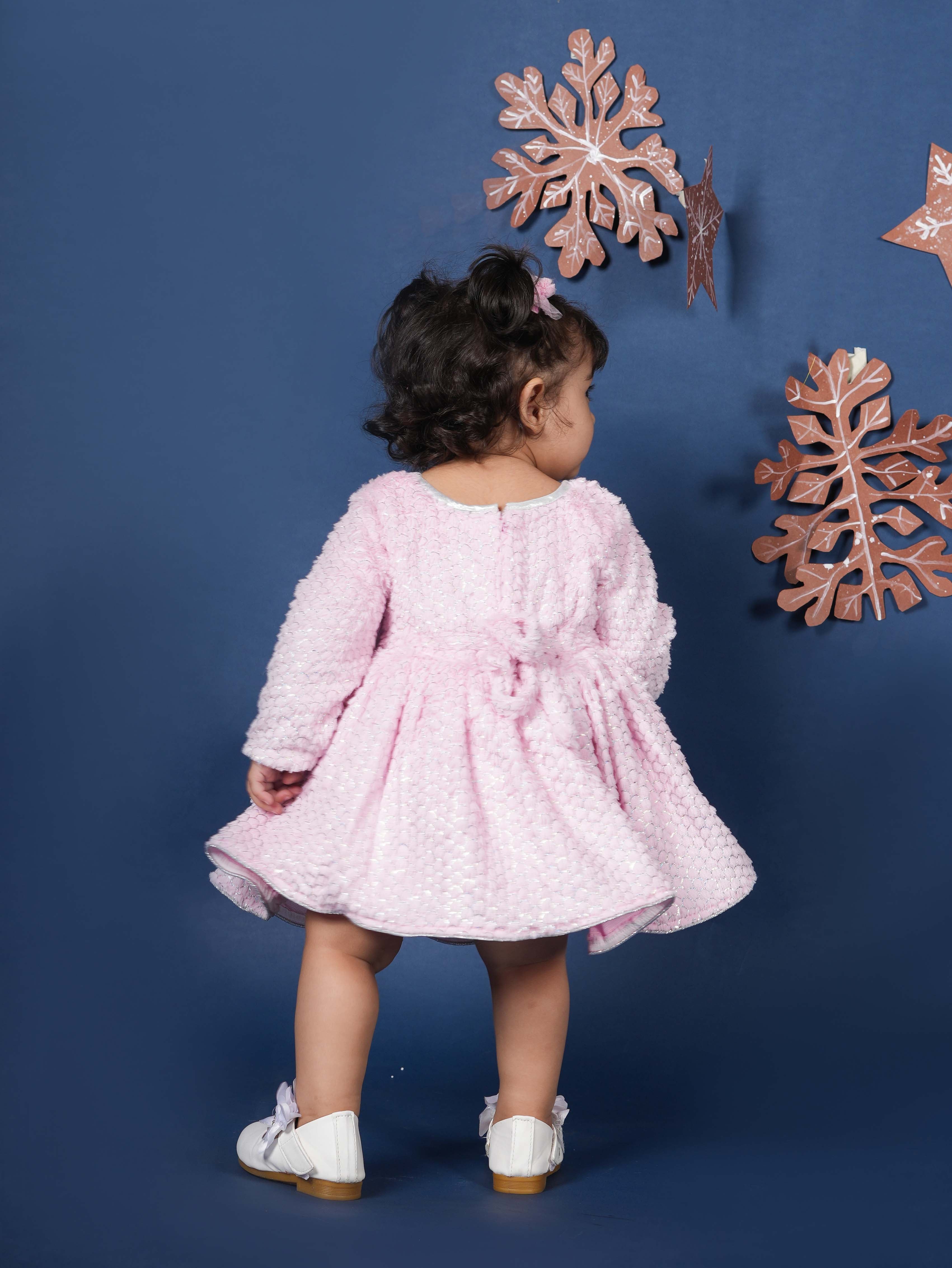 Fur full sleeves fit and flare party frock-Pink