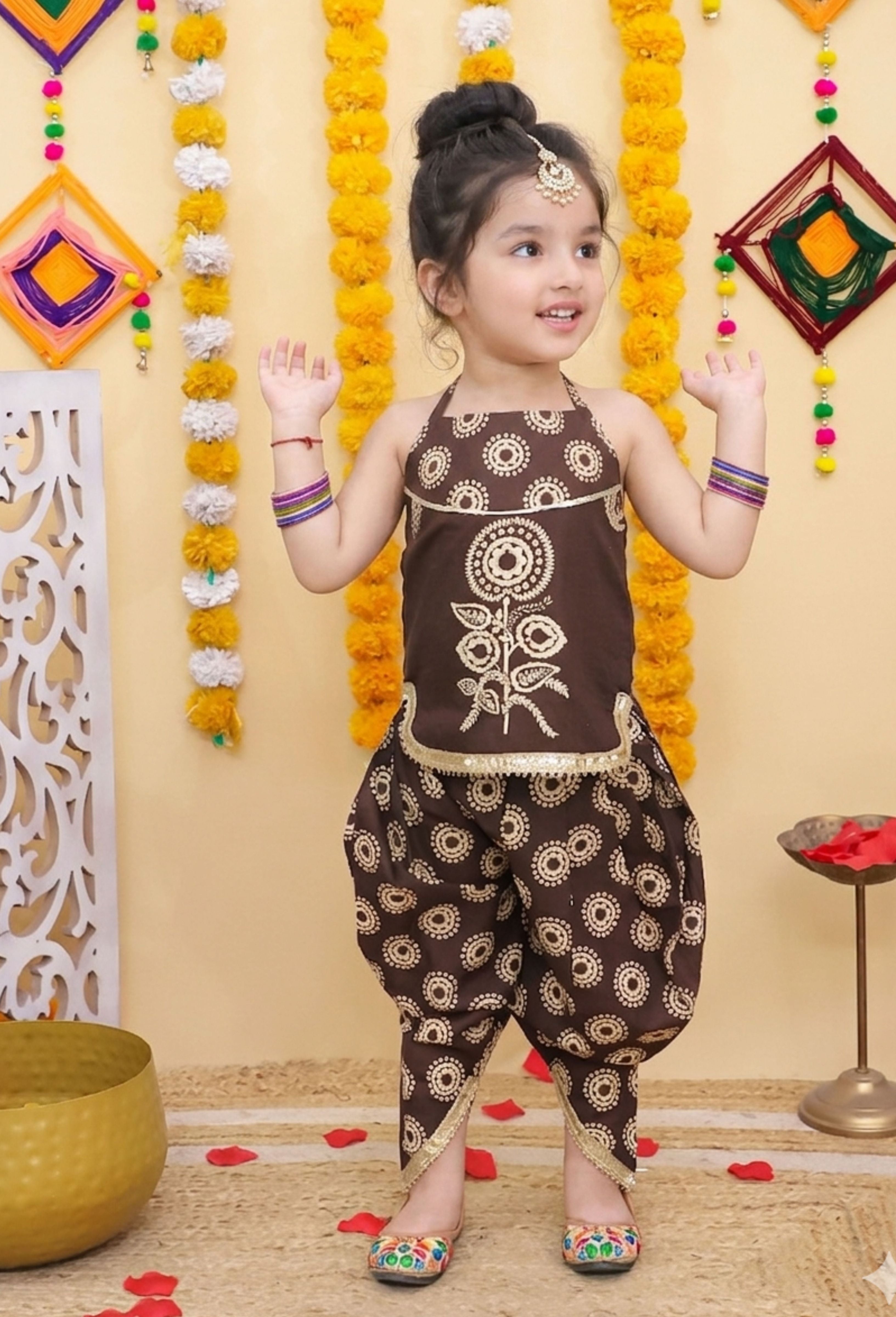 Halterneck printed dhoti with kurti -TBrowndh