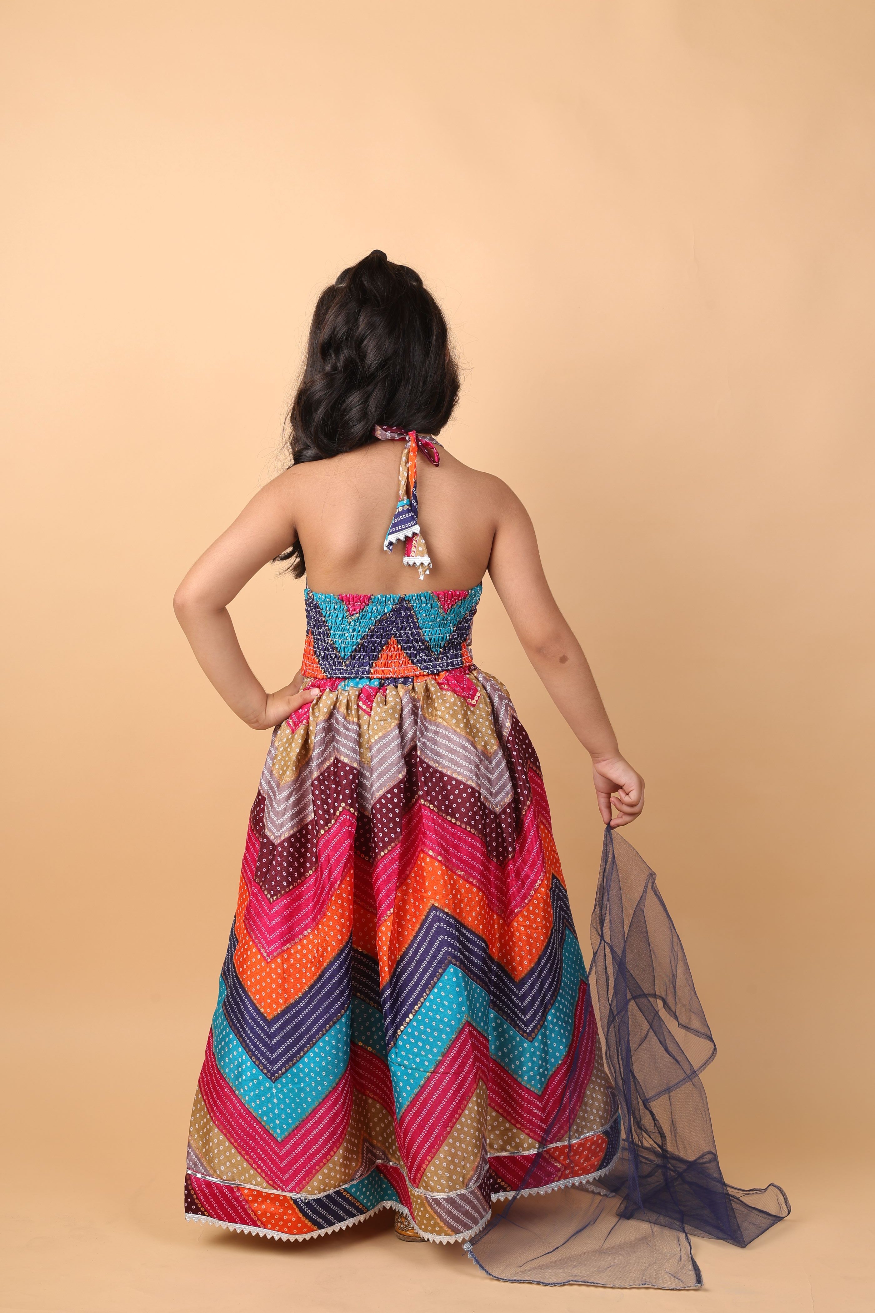 Multicoloured chinon lehenga set with dupatta-Multicolour