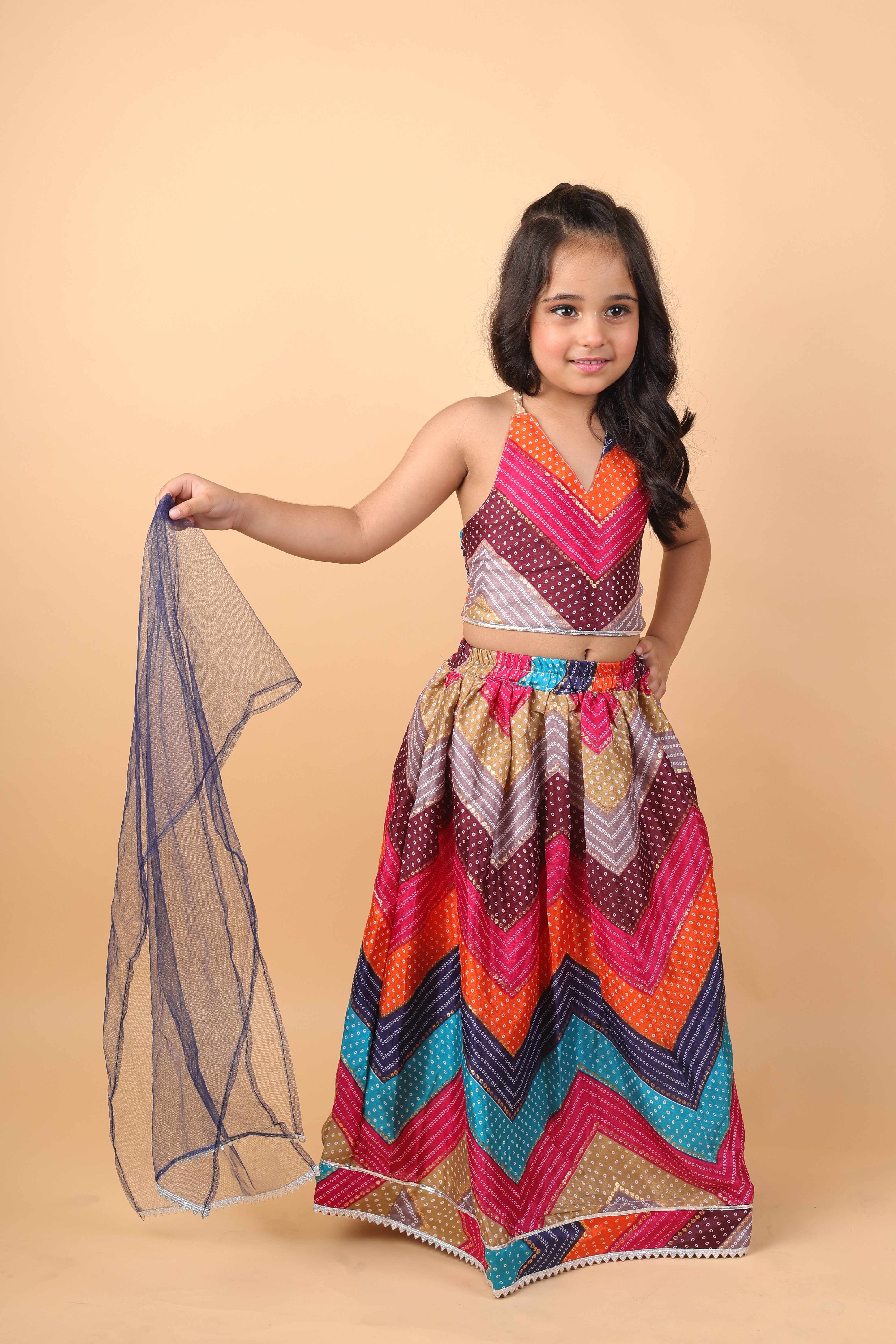 Multicoloured chinon lehenga set with dupatta-Multicolour