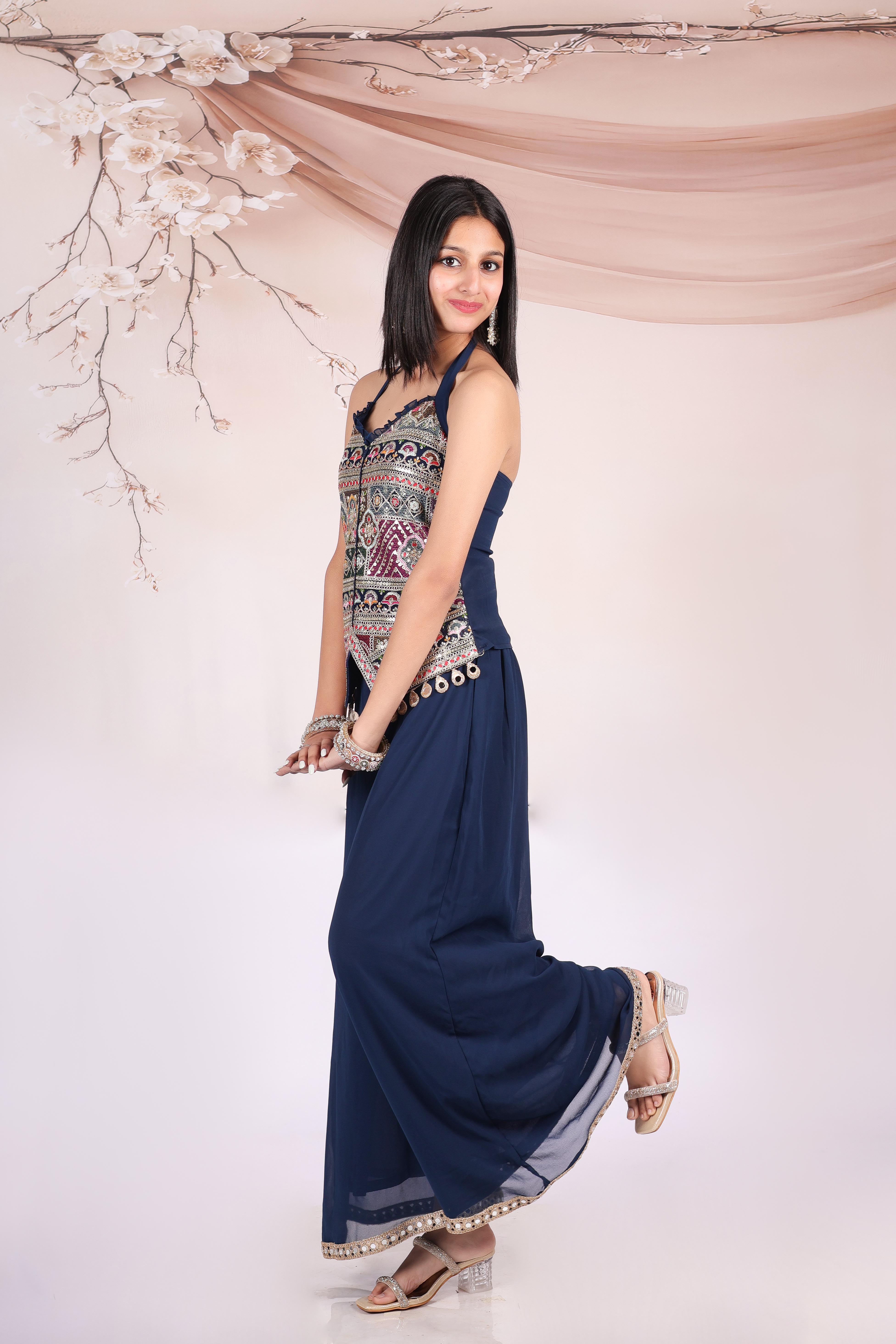 Thread embroidered halter neck top and palazzo set -T-Greenbg