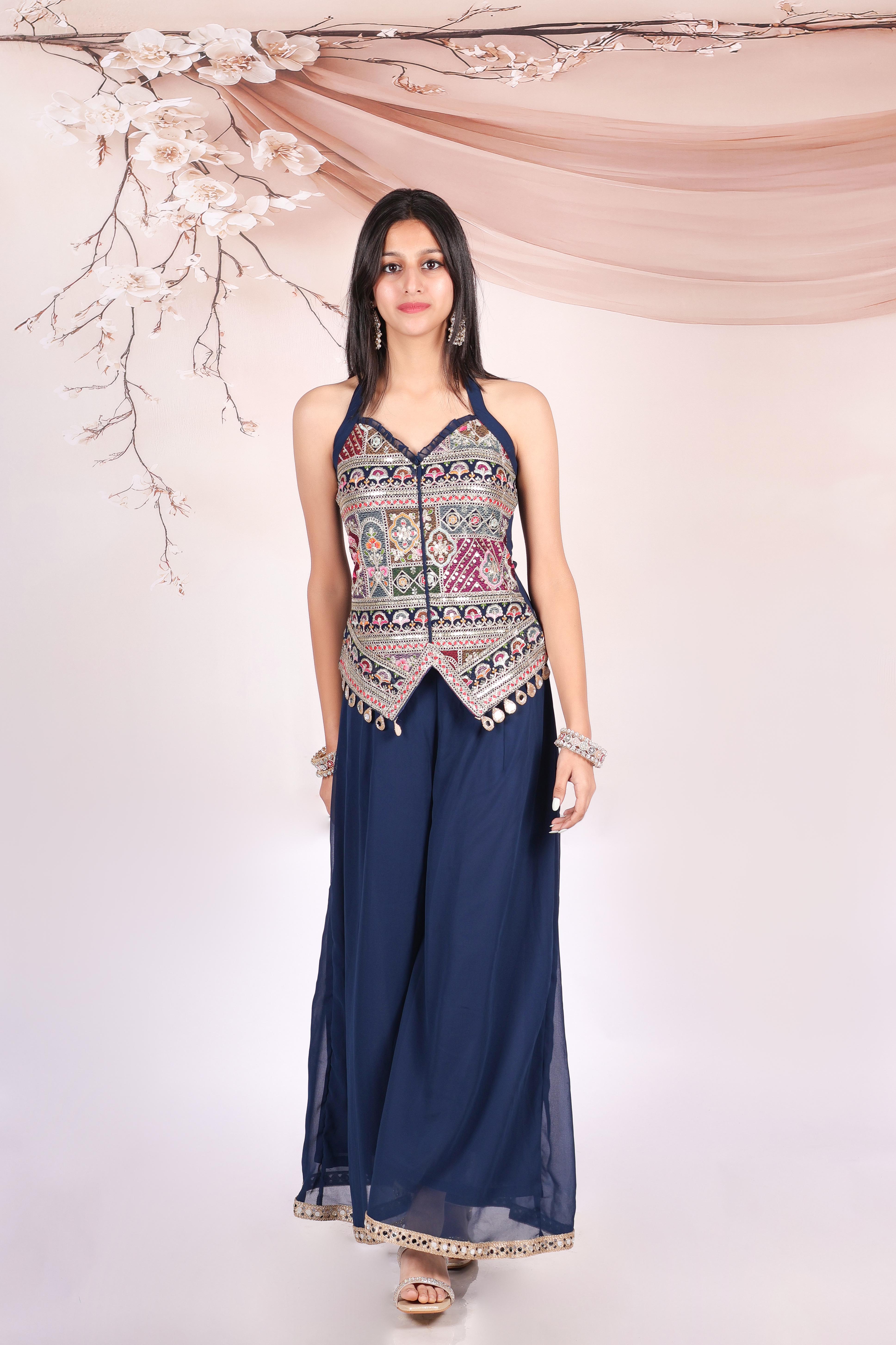 Thread embroidered halter neck top and palazzo set -T-Greenbg
