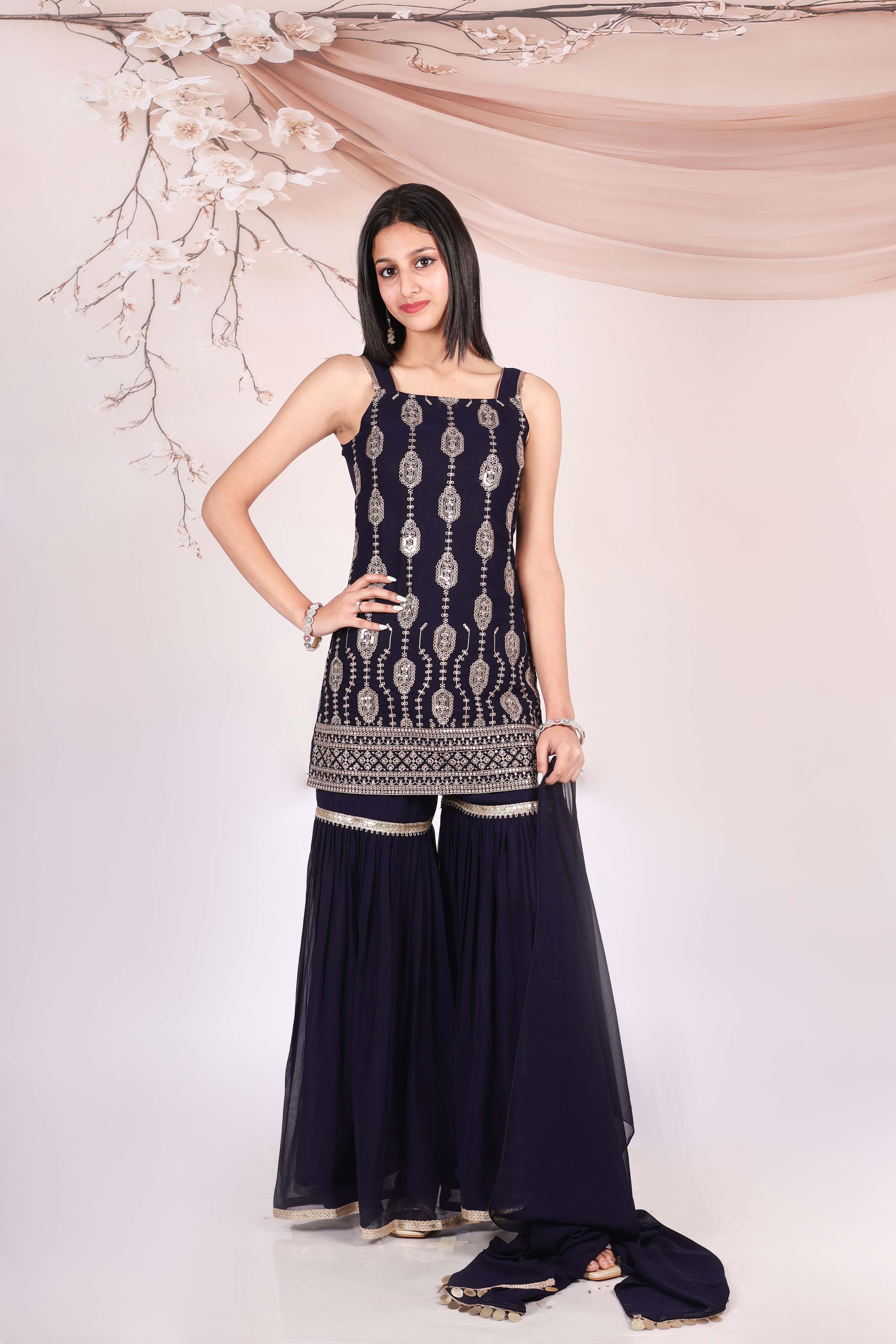 Embroidered Kurti with Sharara and dupatta -T-Navyembbg