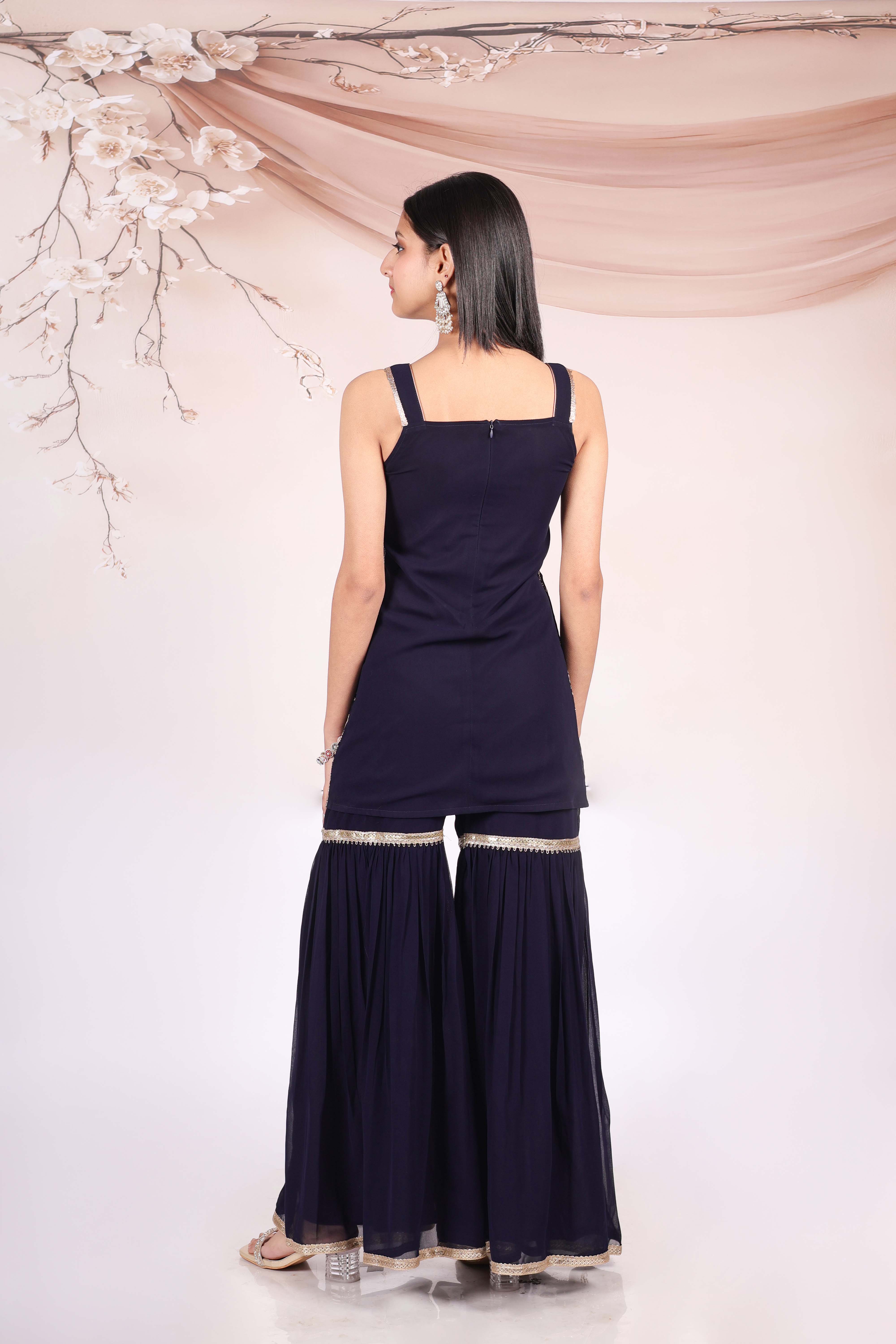 Embroidered Kurti with Sharara and dupatta -T-Navyembbg