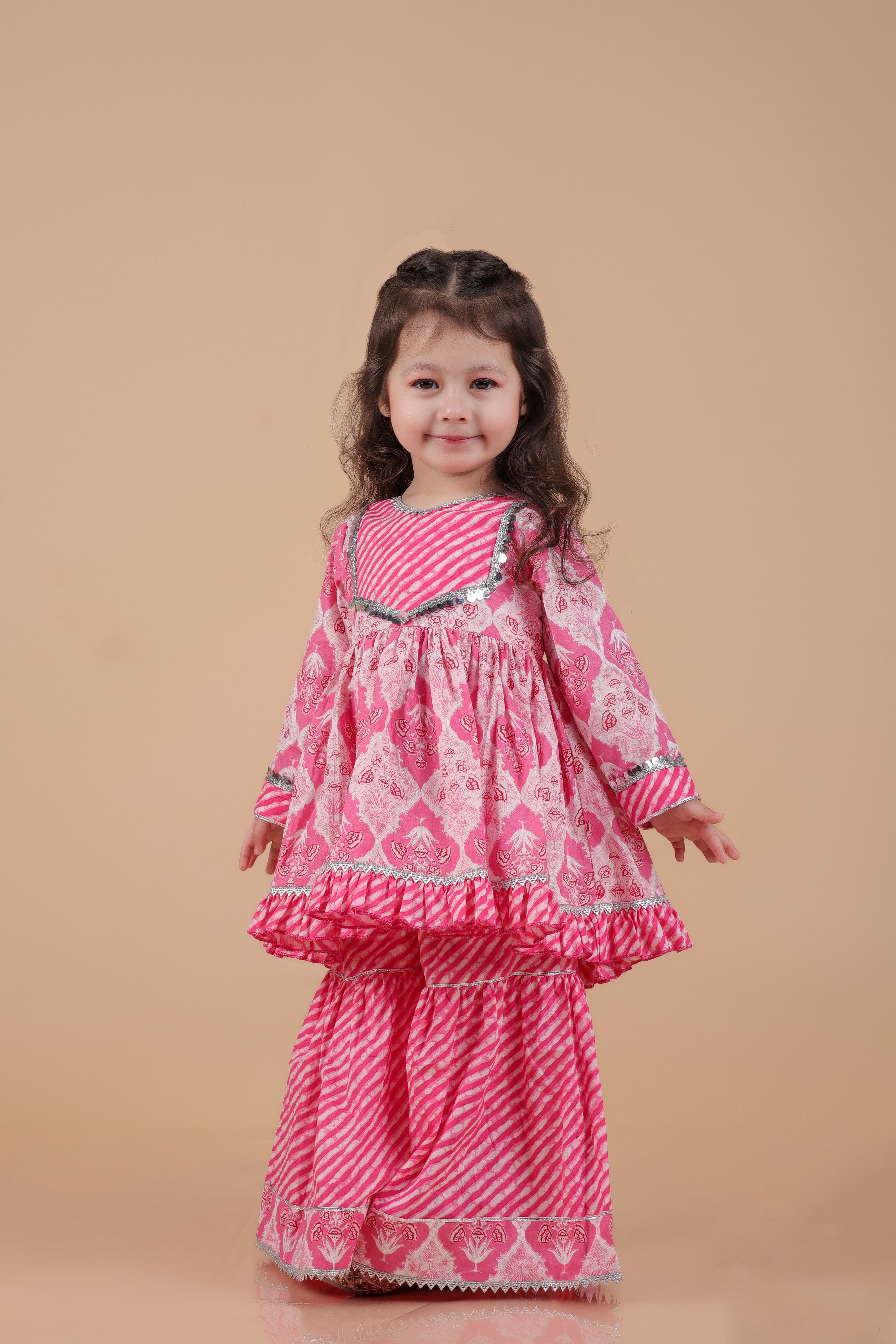 cotton kurti and sharara sibling set -pink and blue