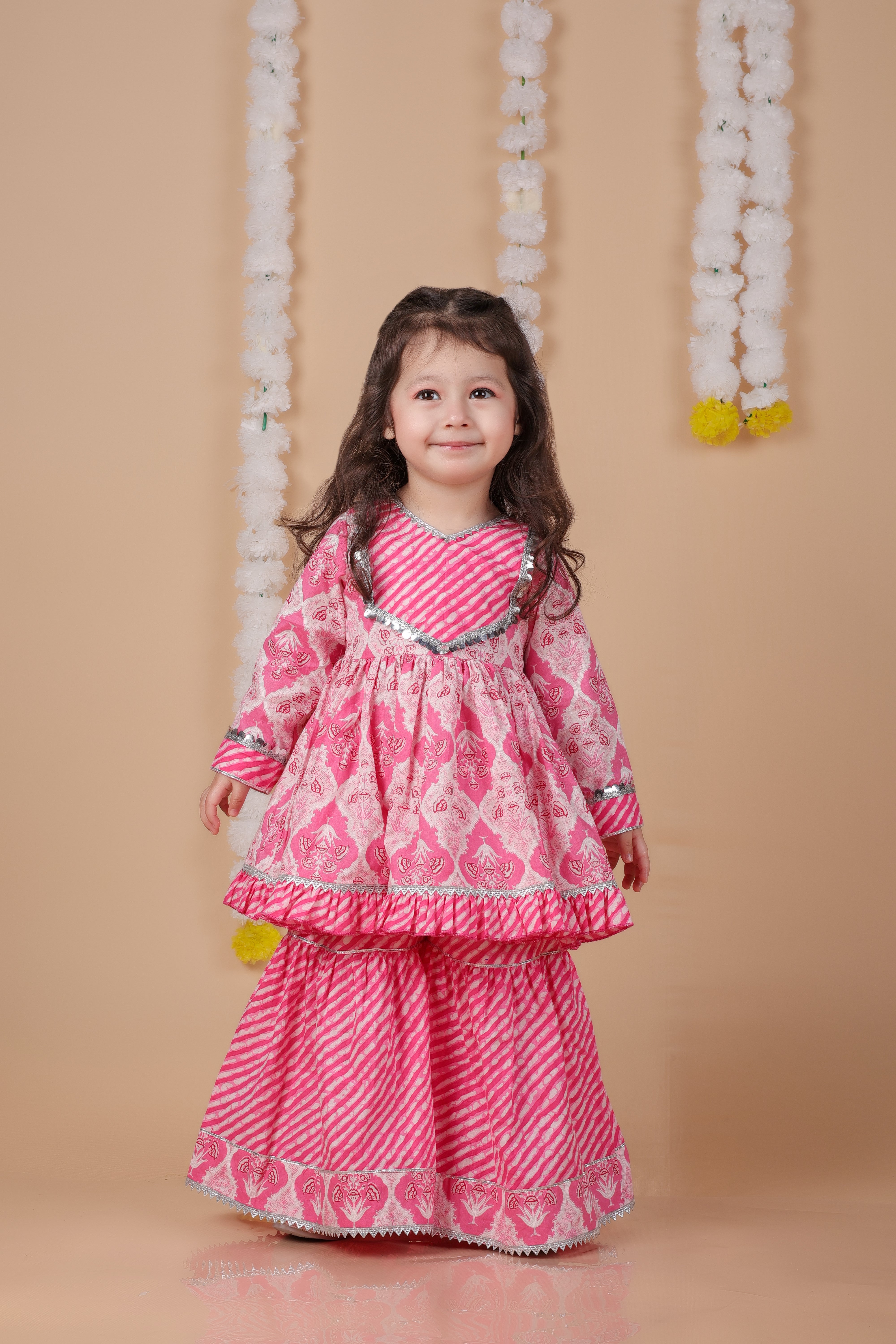 cotton kurti and sharara sibling set -pink and blue