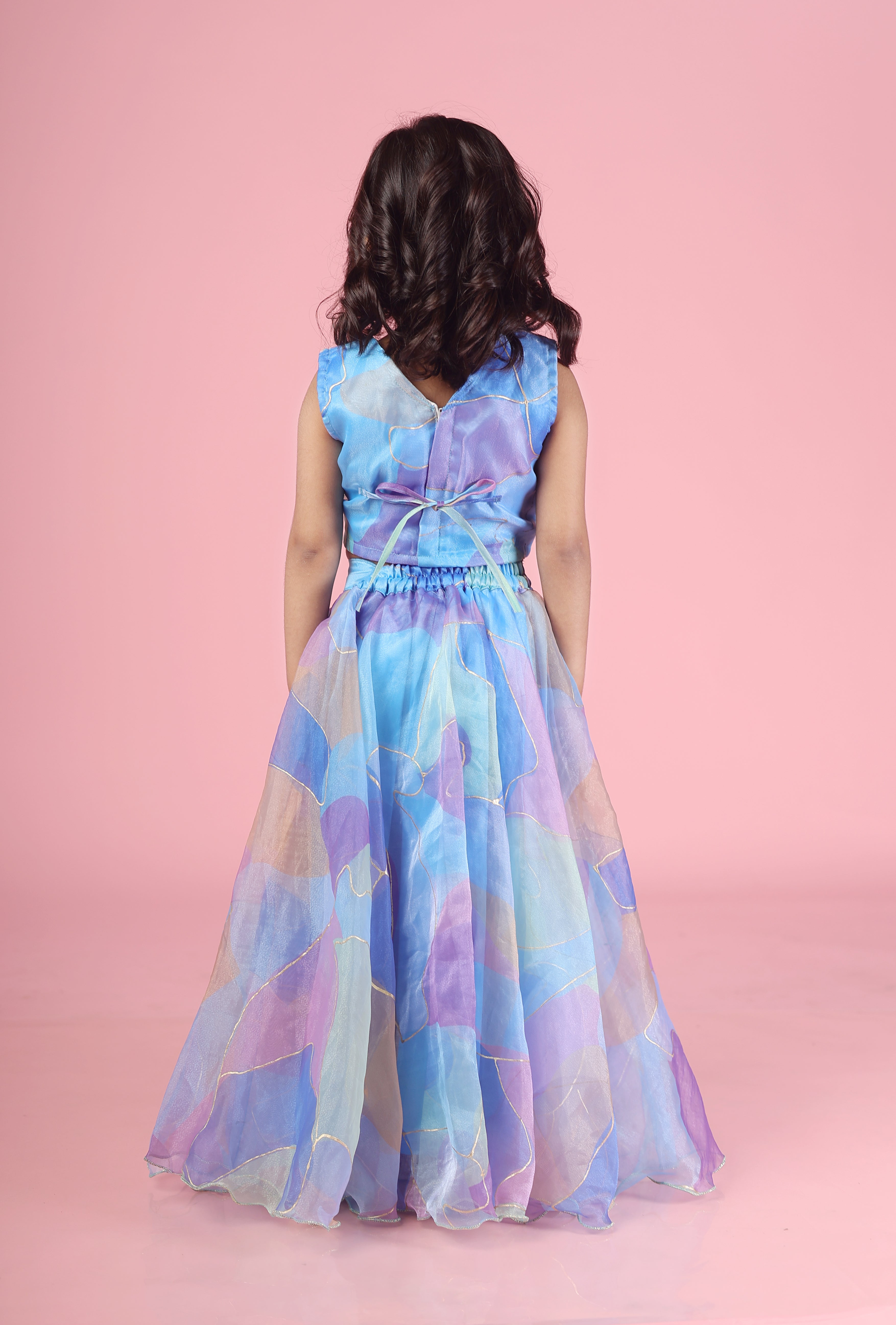 Multicolour organza lehenga-Sky Blue