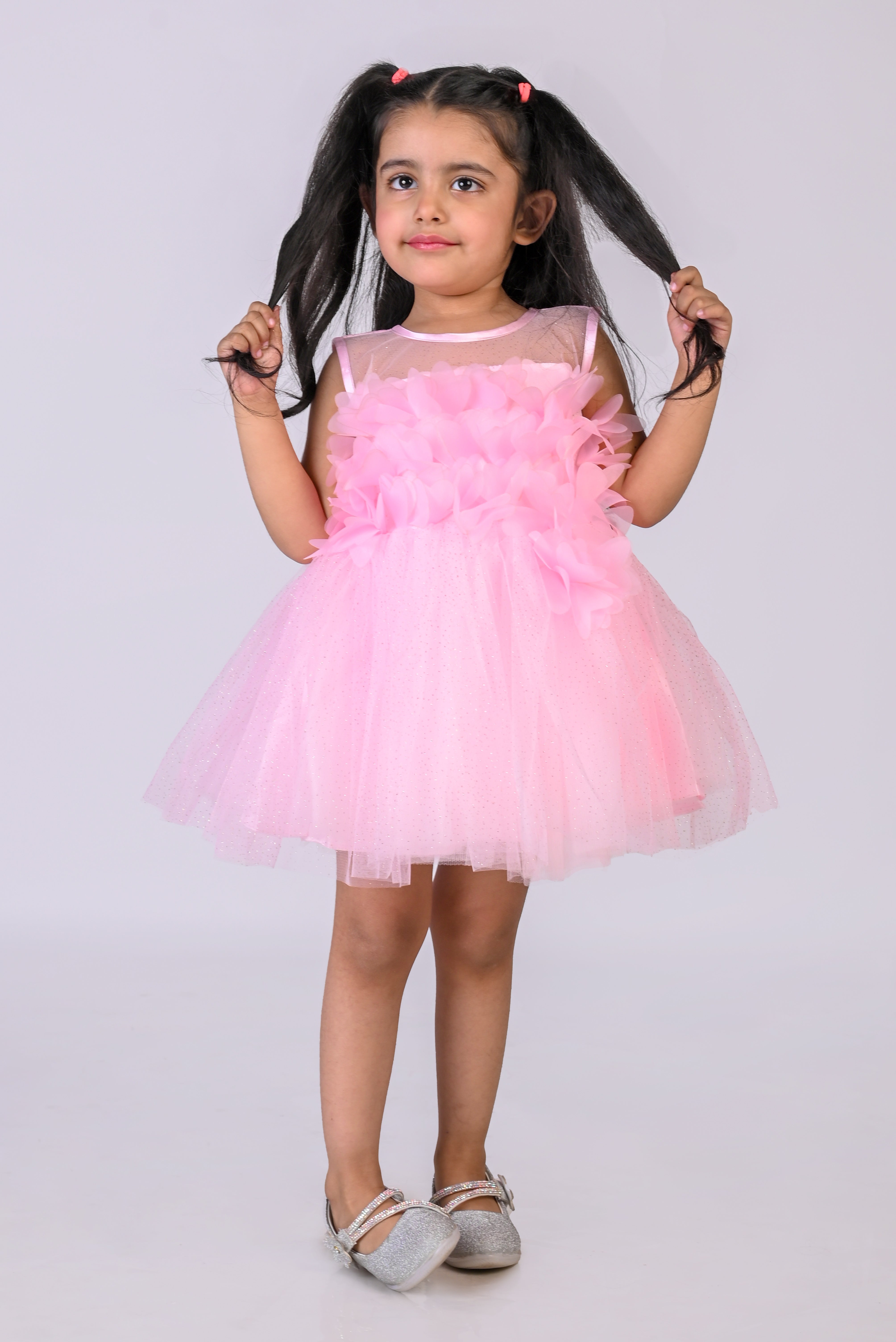Sleeveless Fit and Flare Net Party Frock (Pink)