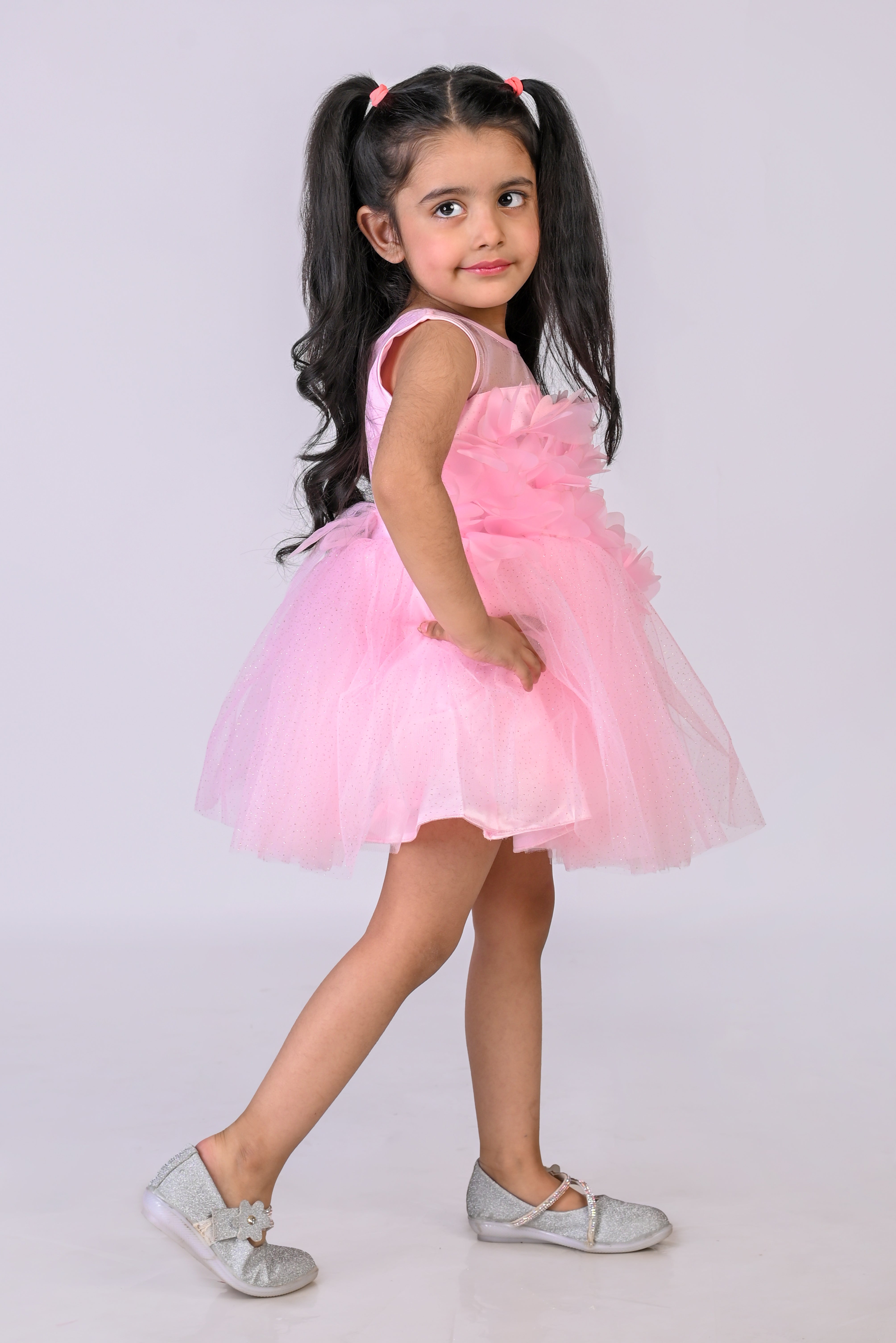 Sleeveless Fit and Flare Net Party Frock (Pink)