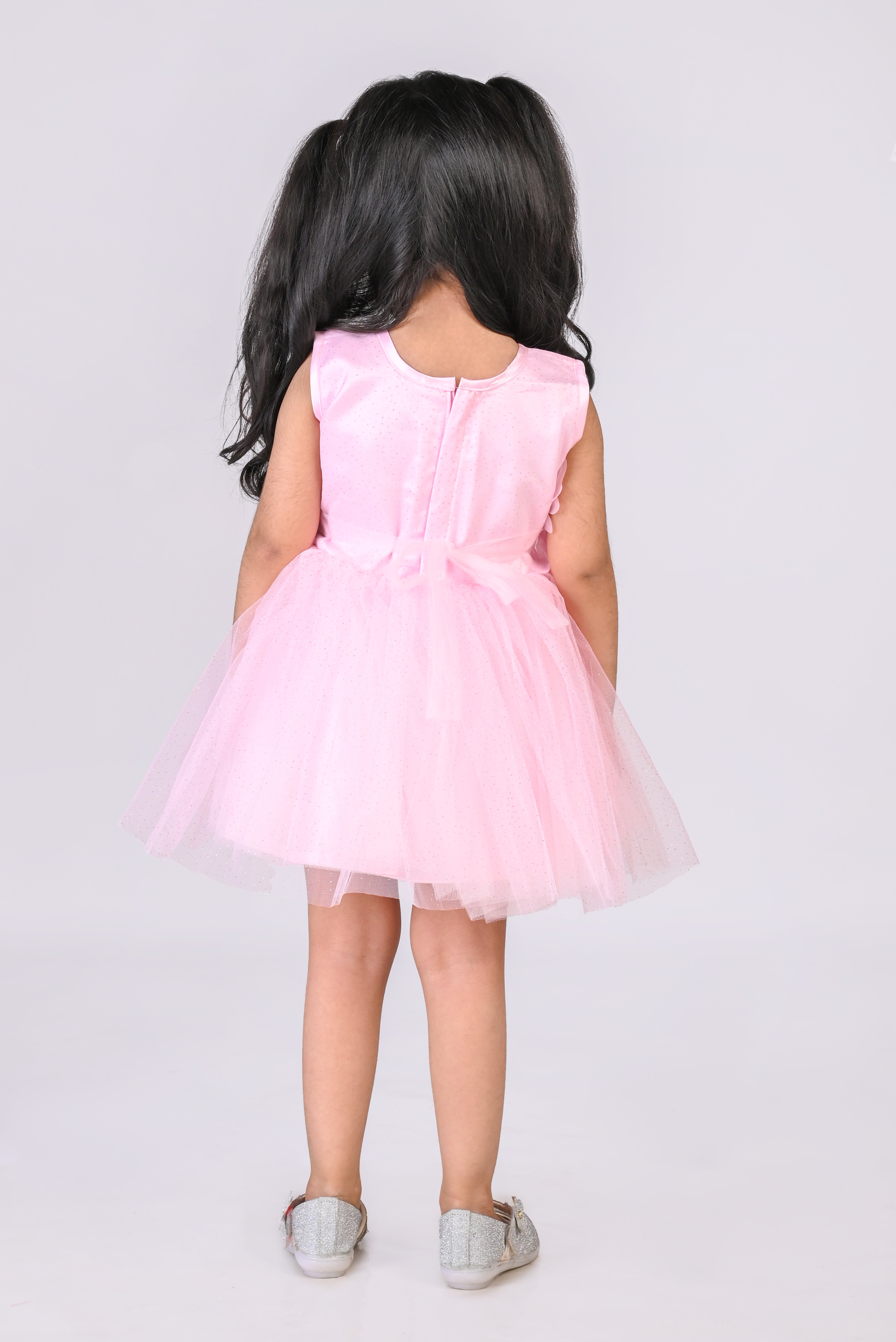 Sleeveless Fit and Flare Net Party Frock (Pink)