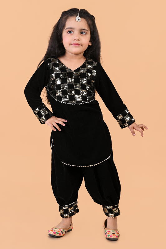 Full Sleeves velvet kurti with afghani salwar -Black