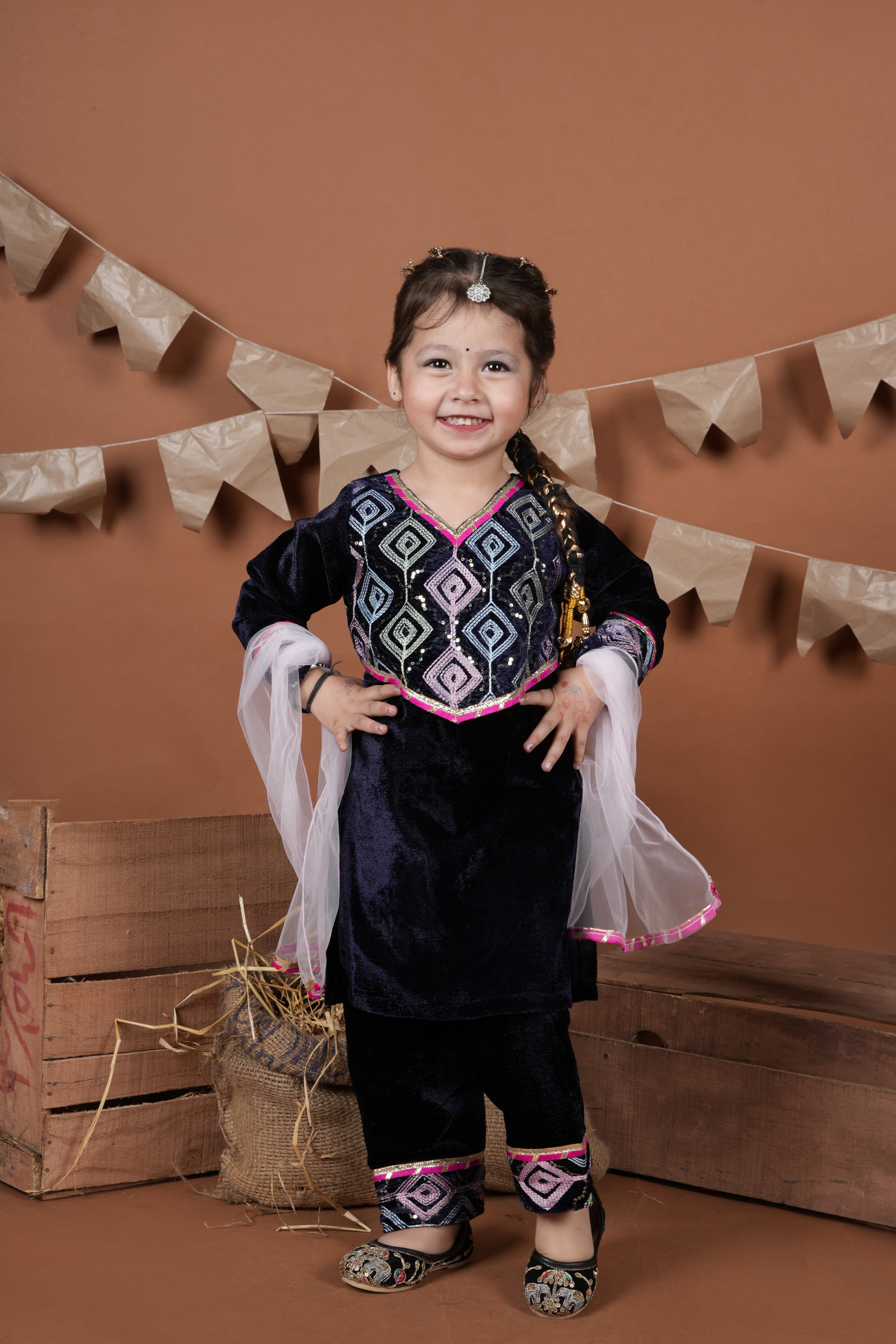 Velvet embroidered kuri with palazzo and dupatta-T-V1