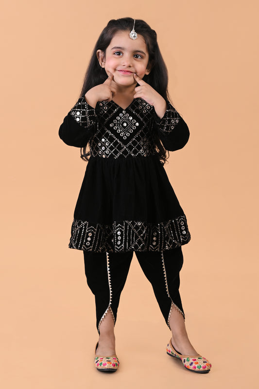 Embroidered full sleeves velvet kurti and dhoti set-Black